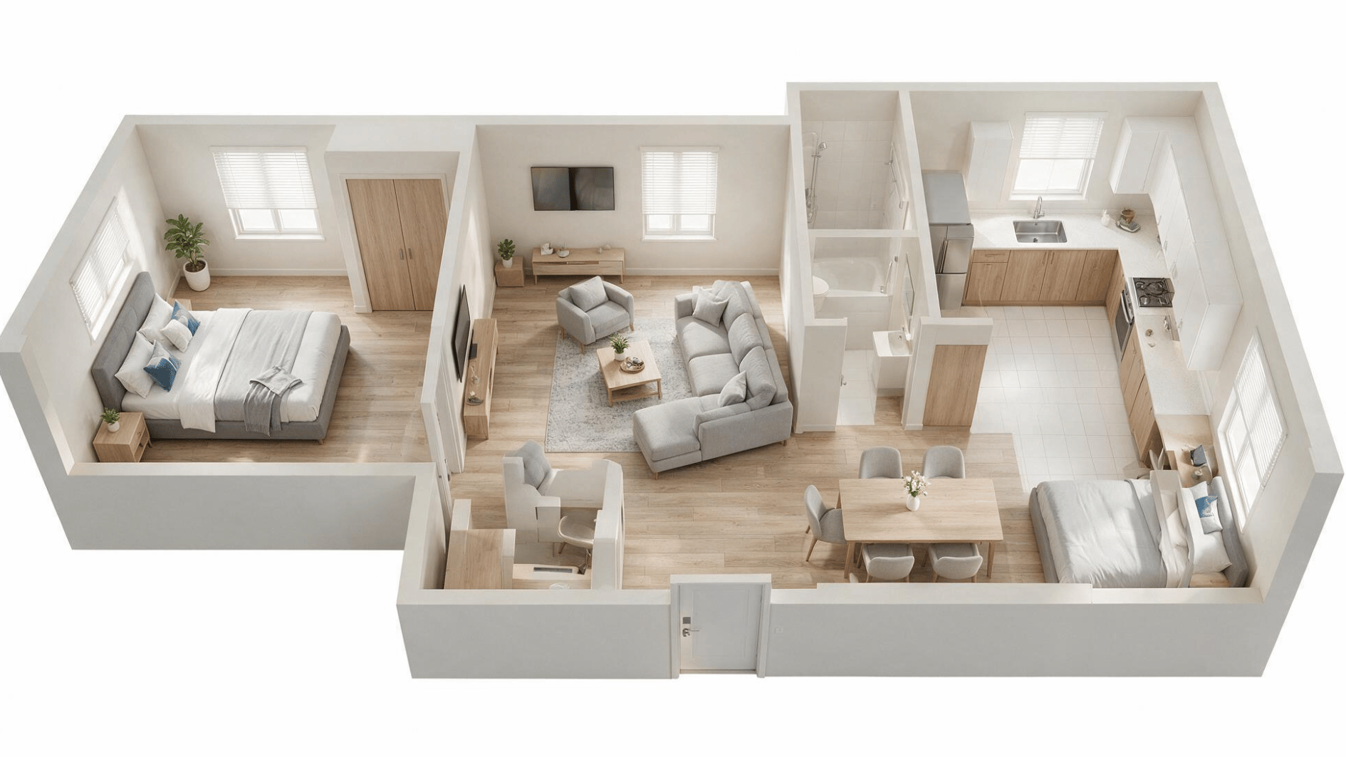 2 bedroom apartment layout with furnished rooms and a clearly enclosed separate kitchen