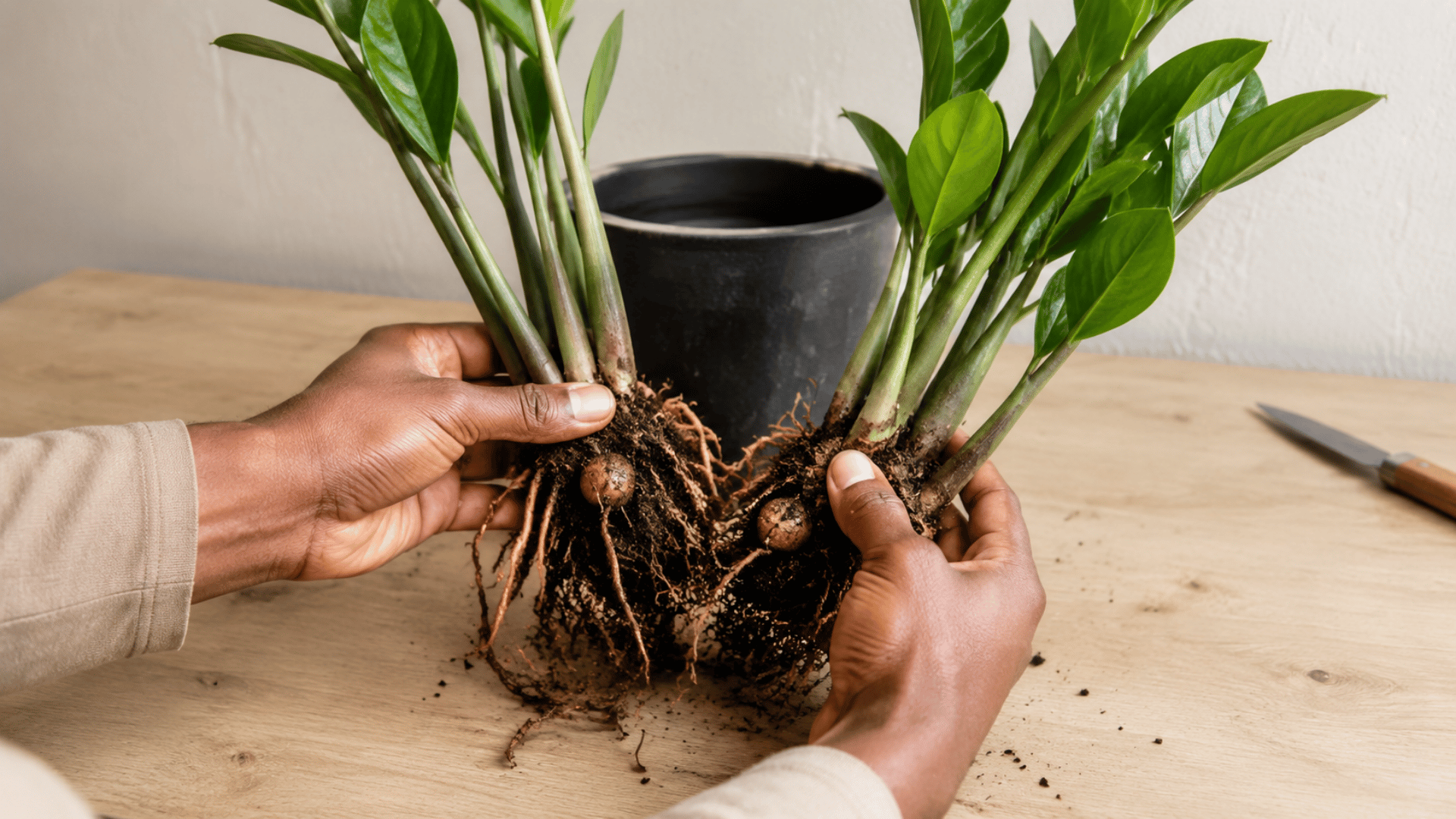 hands gently separating a zz plant into two sections with healthy roots and rhizomes