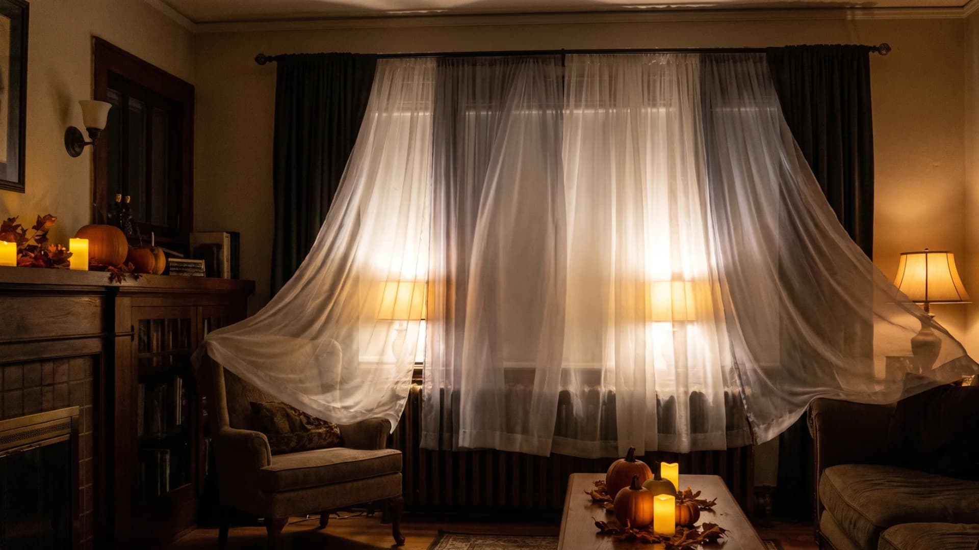 Light gray sheer curtains swaying near a dim light source creating a soft floating ghost effect.