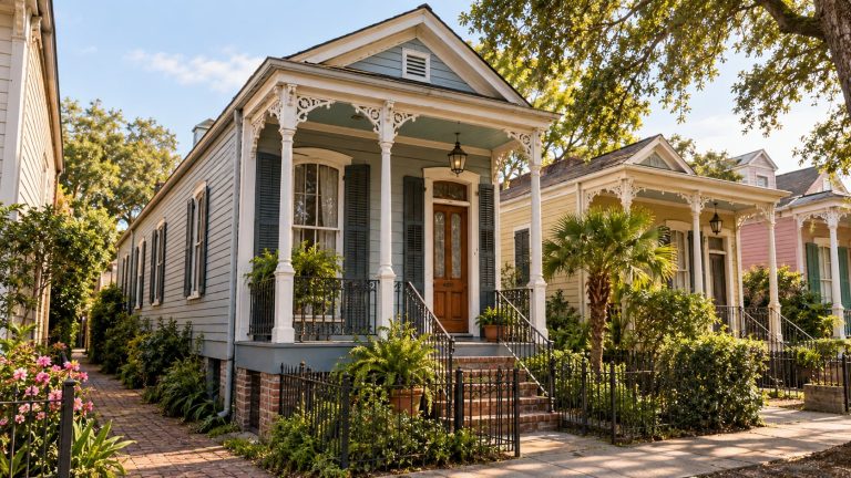 Front view of a colorful single-story shotgun-style house with detailed trim and porch columns.
