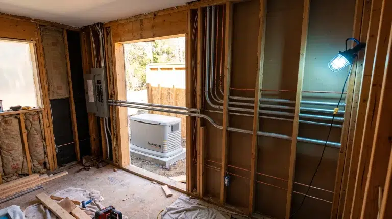Exposed wooden framing and electrical panel with installed generator outside construction site