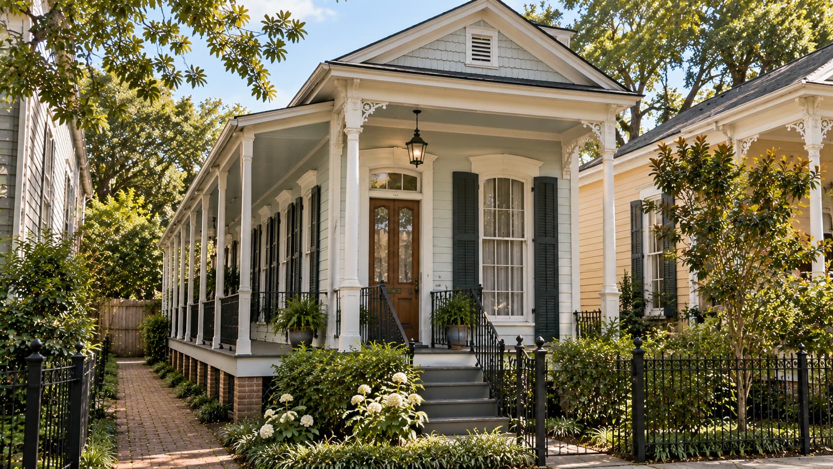 Side-gallery shotgun house with a long covered porch along one side