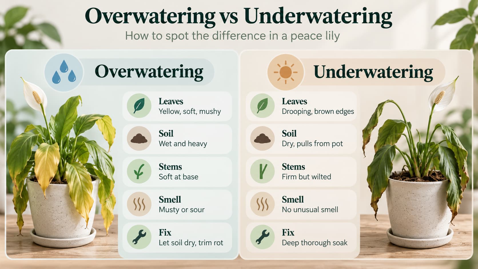A side-by-side comparison infographic showing symptoms and fixes for overwatered versus underwatered peace lilies.