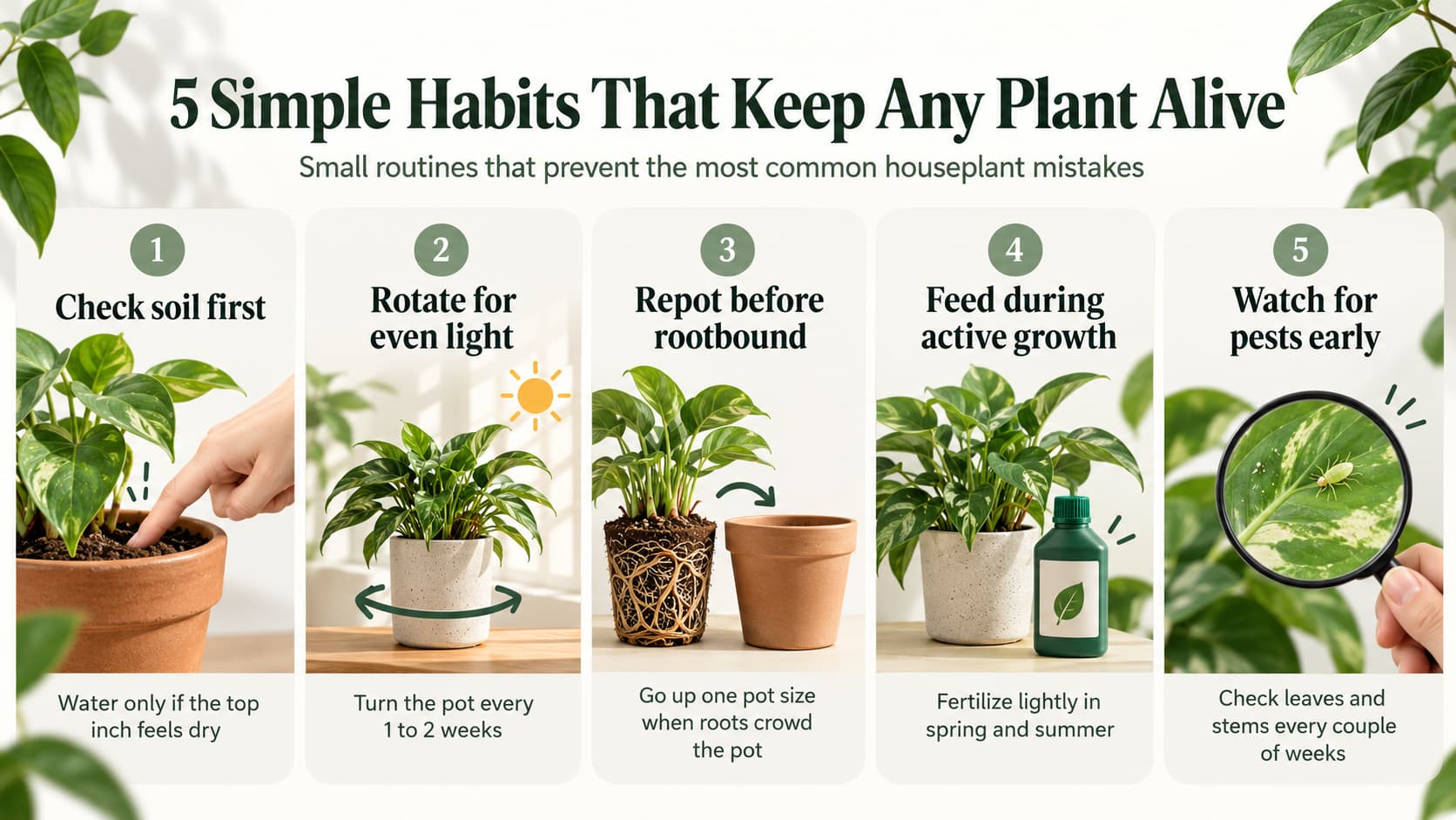 A five-panel infographic detailing daily habits for houseplant care, including soil checks, rotating for light, repotting, feeding, and pest monitoring.