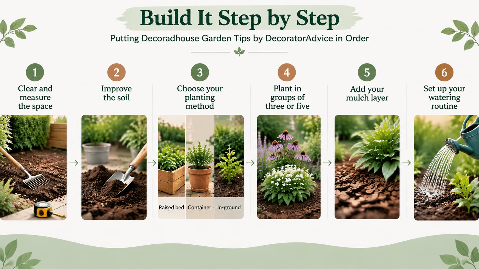 Step-by-step visual chart showing the six-step process for building a garden, from clearing space and improving soil to mulching and watering.