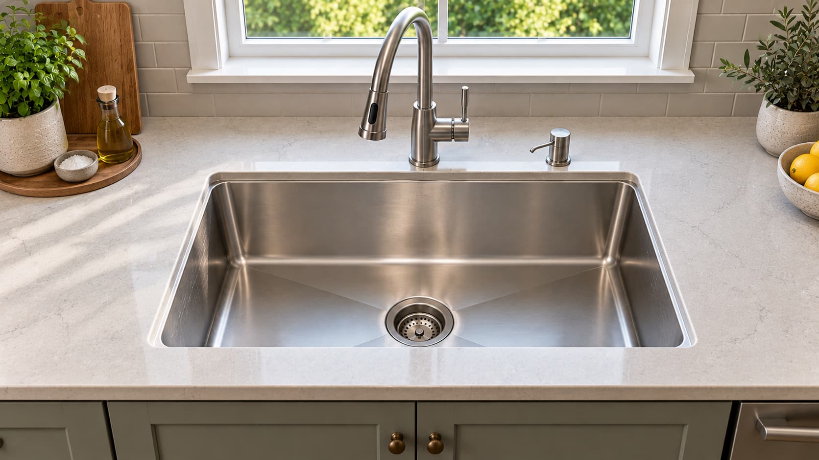 Deep single-bowl stainless steel sink without a center divider.