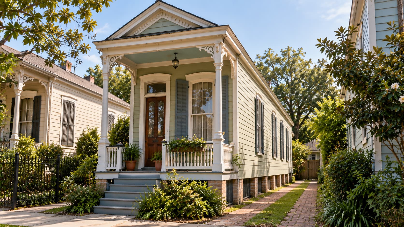 Single shotgun house with a narrow front, porch, and long rectangular shape.