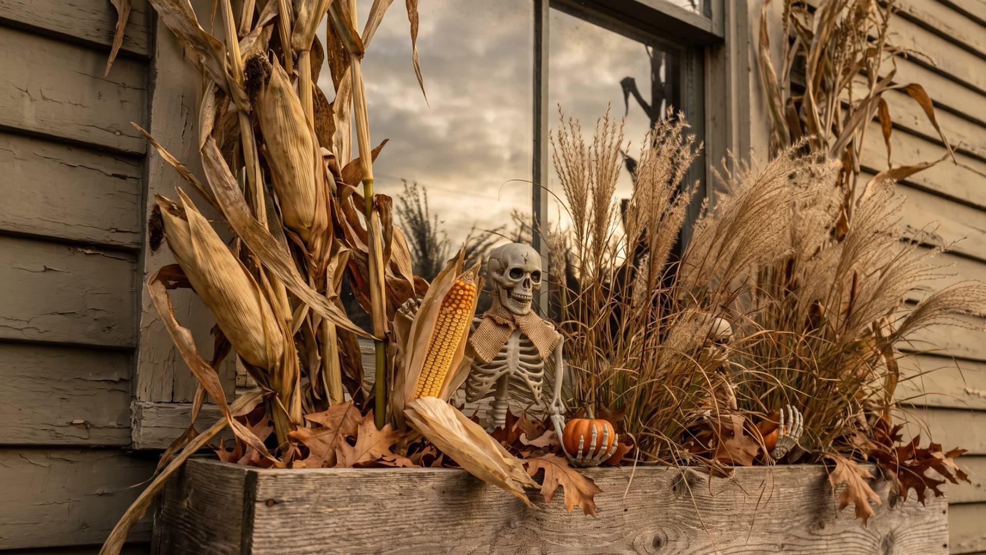 Dried corn, ornamental grass, and small skeleton decor in a Halloween window box.