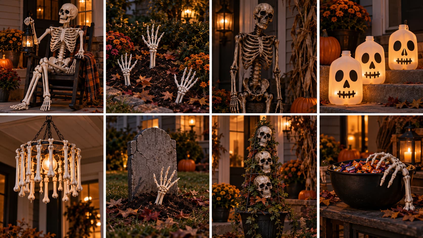 An eight-panel collage of DIY skeleton decorations, including posed skeletons, milk-jug lanterns, bone chandeliers, and skull topiaries.
