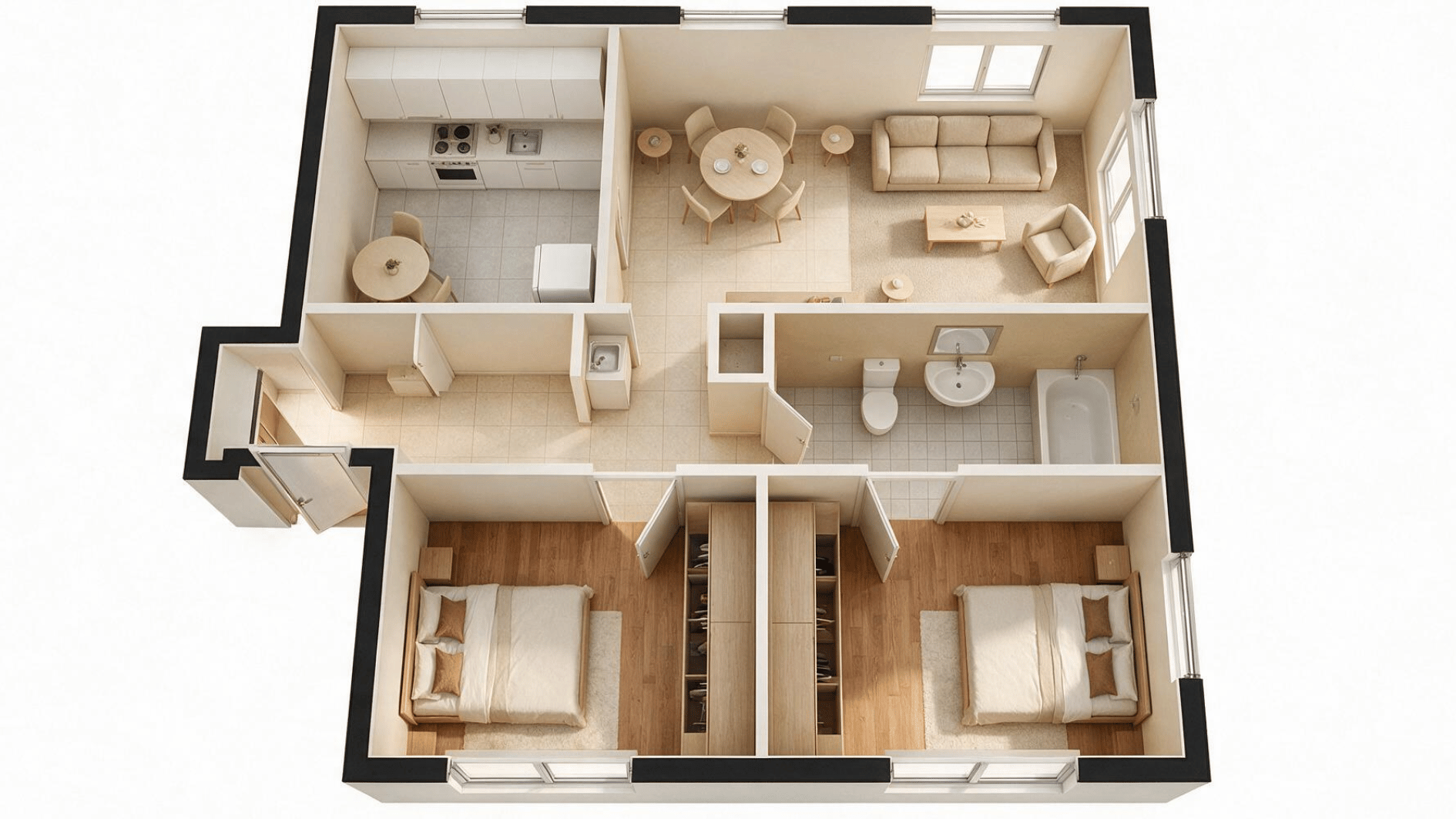 small 2 bedroom apartment floor plan with clear entry windows compact rooms and efficient circulation