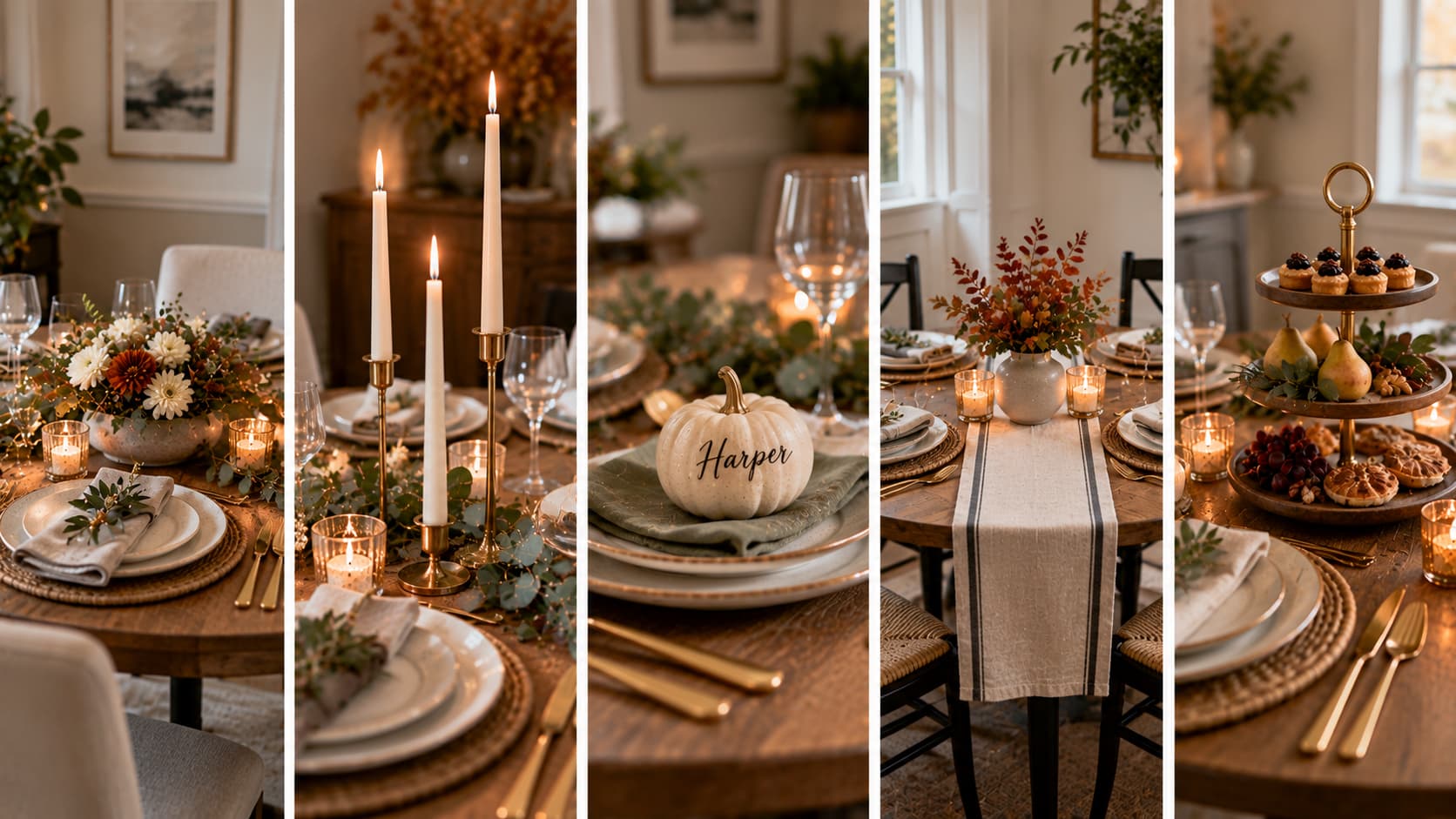 Five-panel collage of small-space Thanksgiving decor: low centerpiece, tall taper candles, pumpkin place card, table runner, and tiered dessert stand.