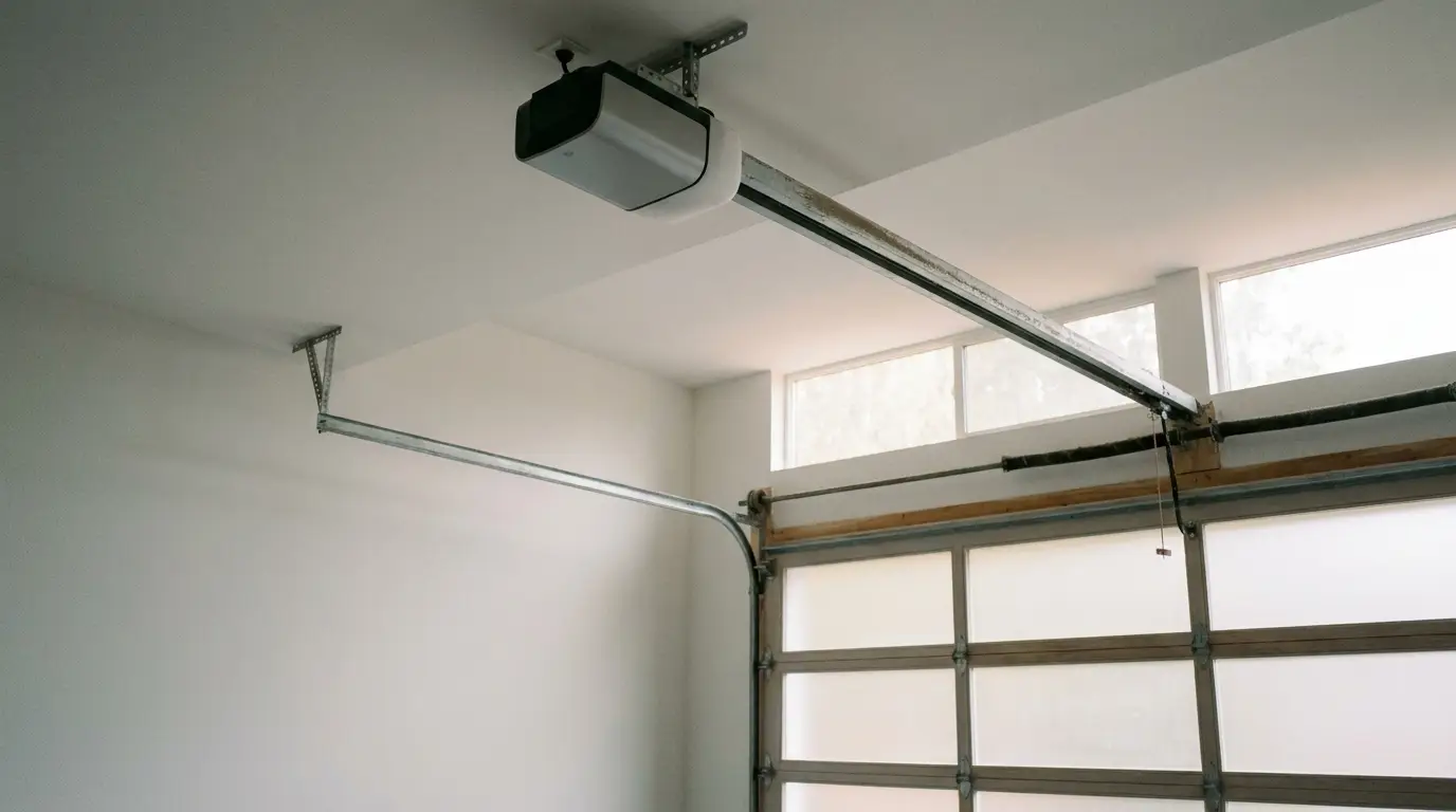 Garage door opener on ceiling of modern garage with large windows and bright lighting