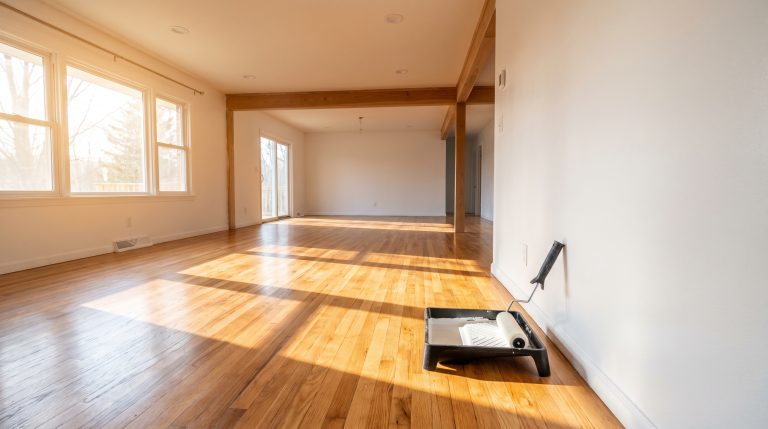 Empty sunlit room with hardwood floors and paint tray on light-colored wall