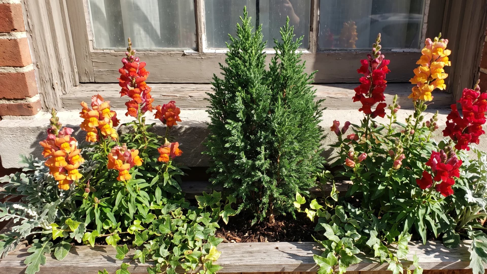 Snapdragons surrounding a dwarf cypress in a structured fall window box.
