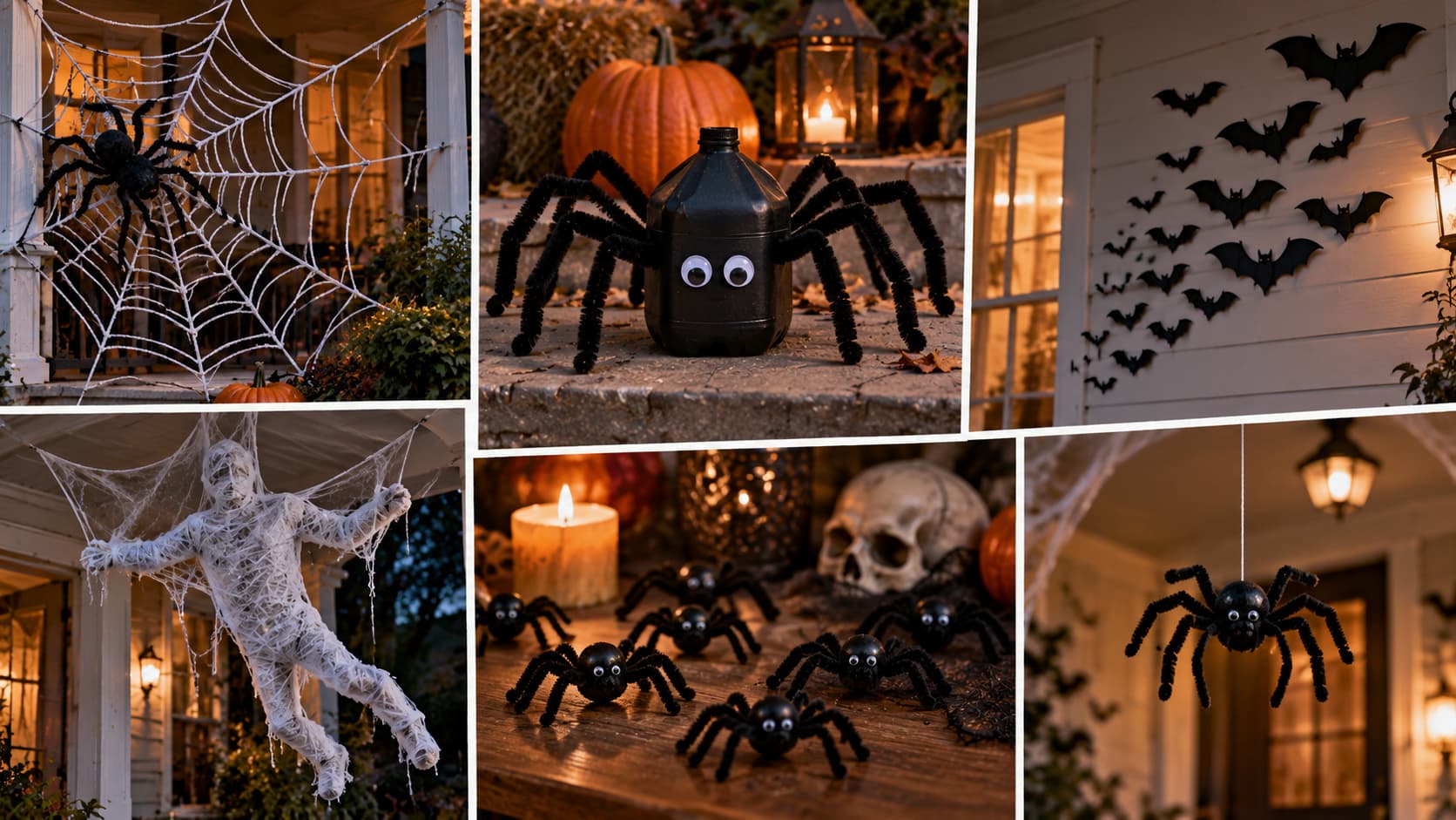 Six-panel photo grid showing various DIY Halloween spider, bat, and creepy-crawly decorations.