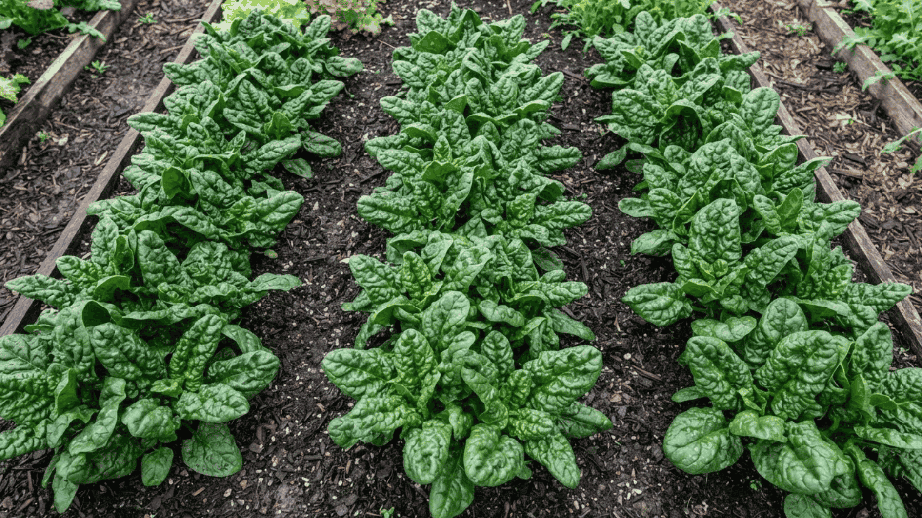 spinach plants with dark green leaves growing in garden soil