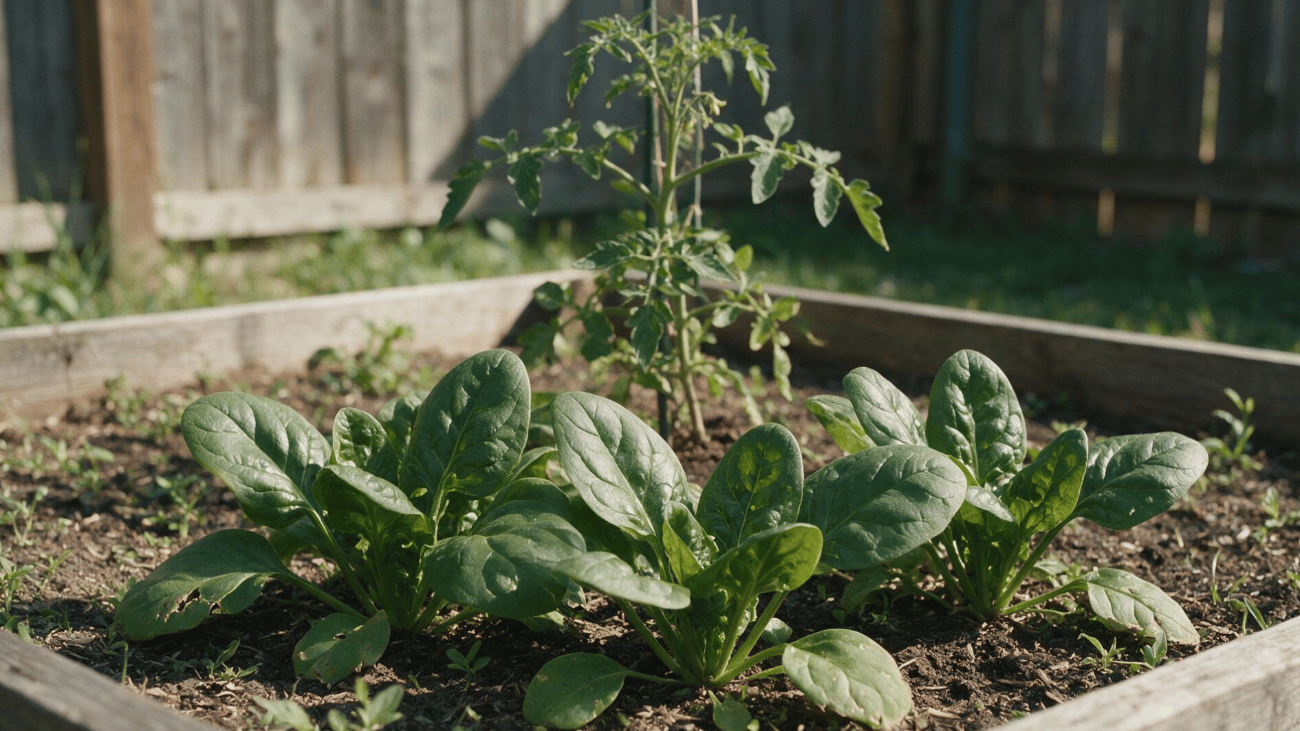 spinach growing below young tomato plants in a raised backyard garden bed during early summer