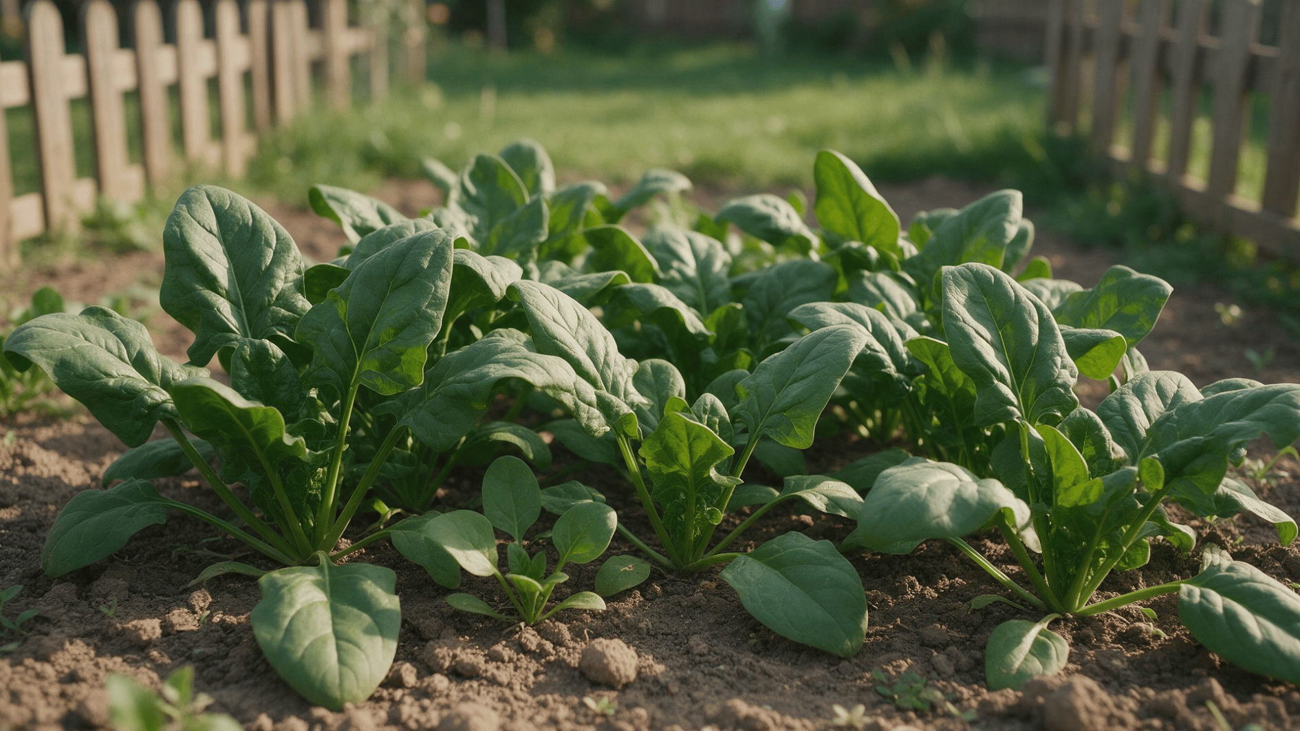spinach plants growing in loose soil in a sunny backyard vegetable garden