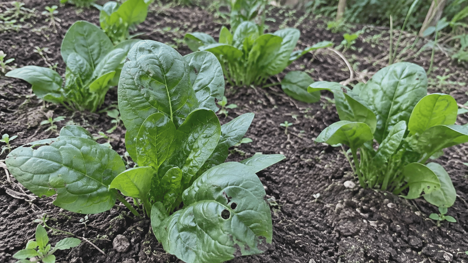 spinach plants with broad green leaves growing naturally in dark garden soil
