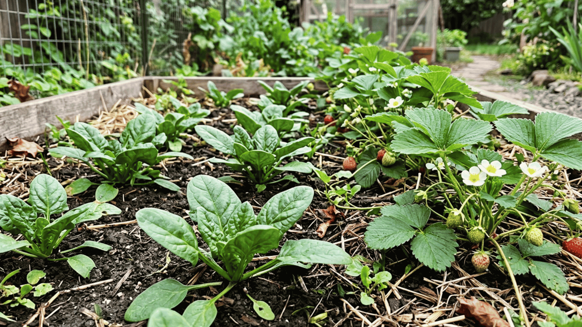 compact spinach plants sharing open garden soil with healthy strawberries in a realistic cool season bed