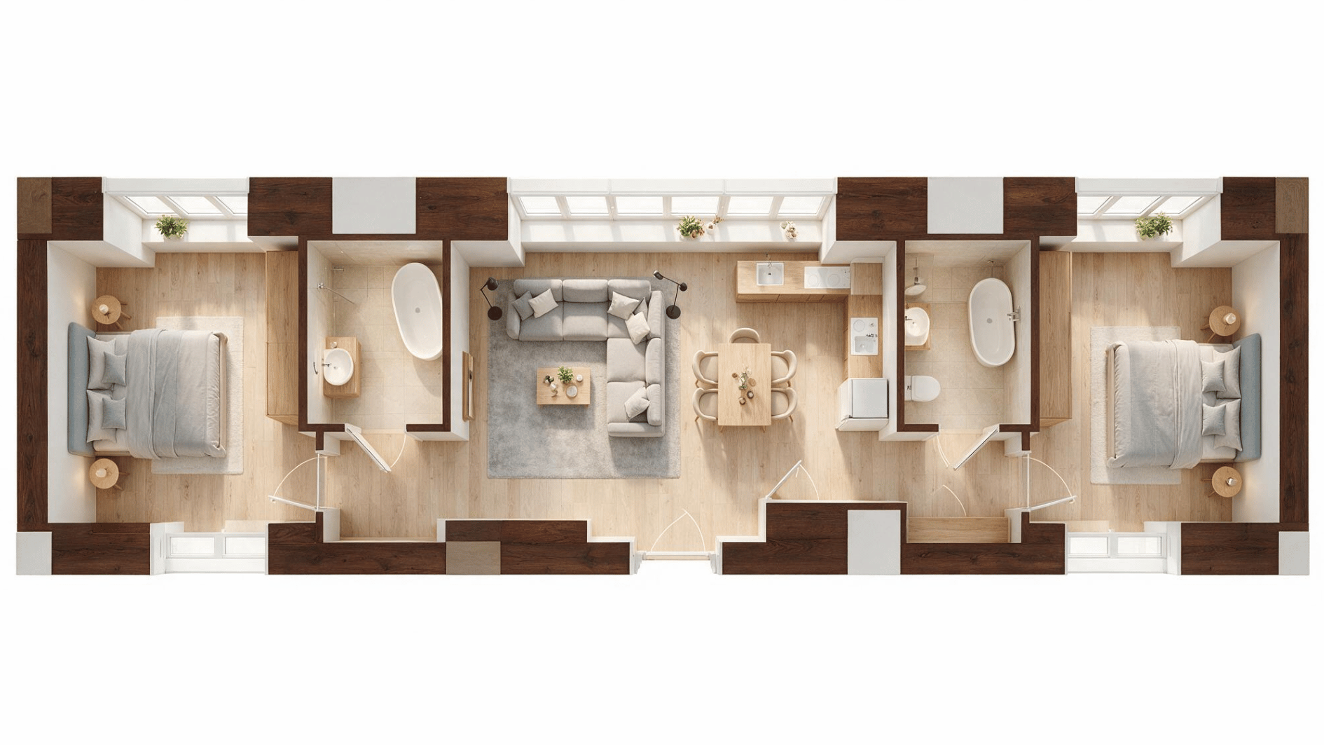 split bedroom apartment layout with bedrooms on opposite sides and shared living areas between them