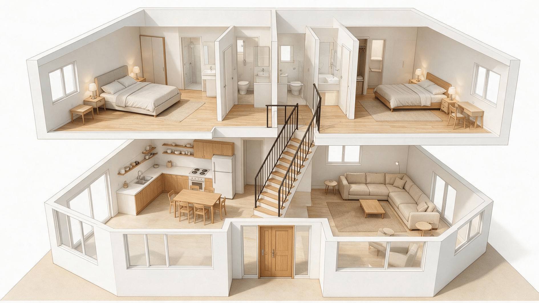 split level 2 bedroom apartment with clear entrance stairs windows and separated living and sleeping zones