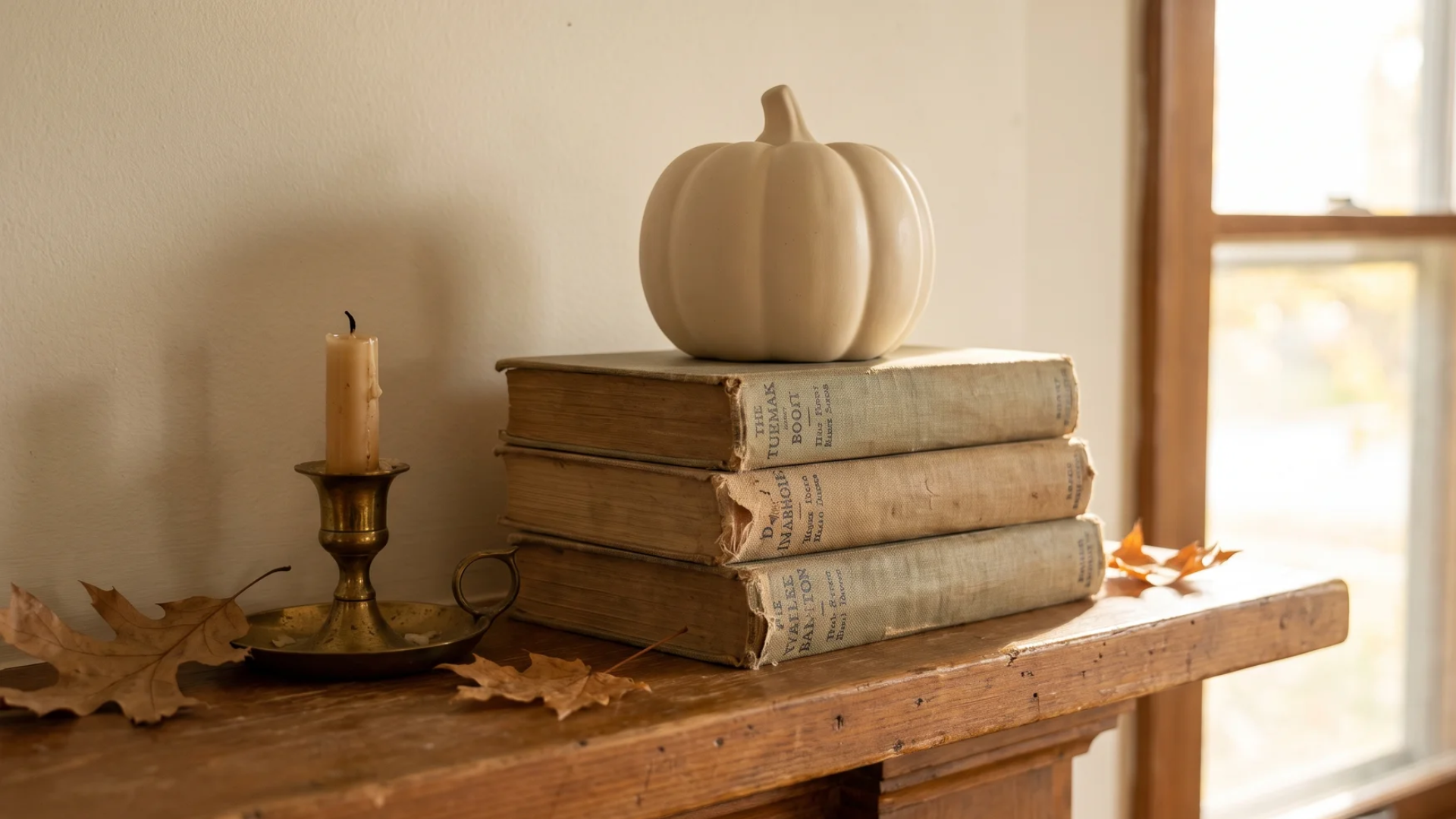 A small ceramic pumpkin sitting atop a short stack of old hardcover books on a fall fireplace mantel.