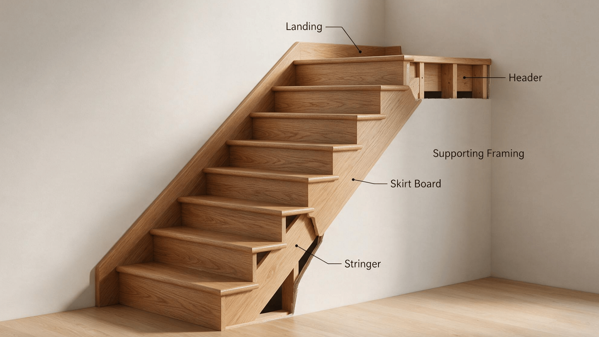 diagram labeling stair landing, header, skirt board, and stringer