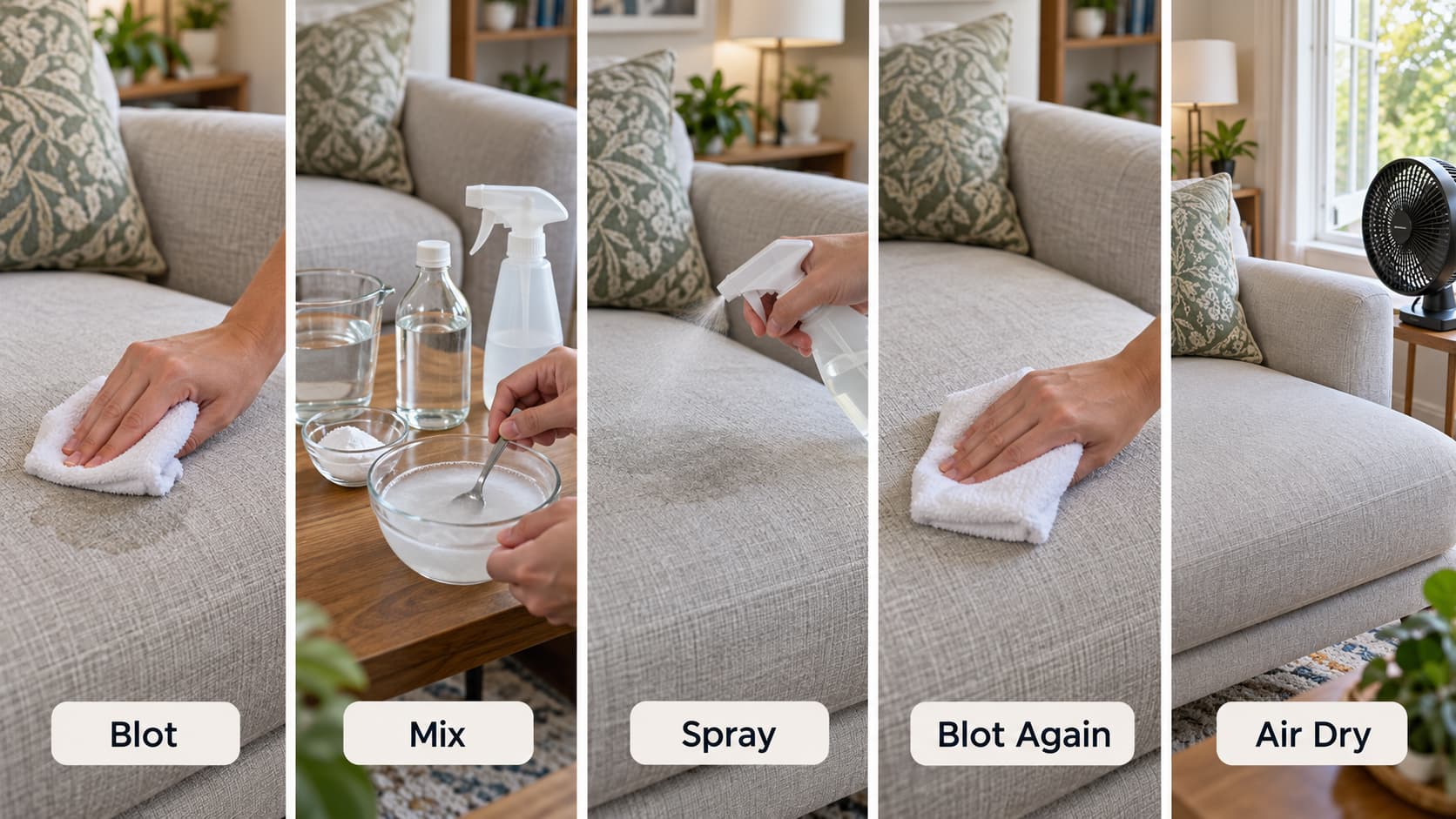 A five-step guide showing how to remove fresh urine stains: blotting, mixing a solution, spraying, blotting again, and air drying.