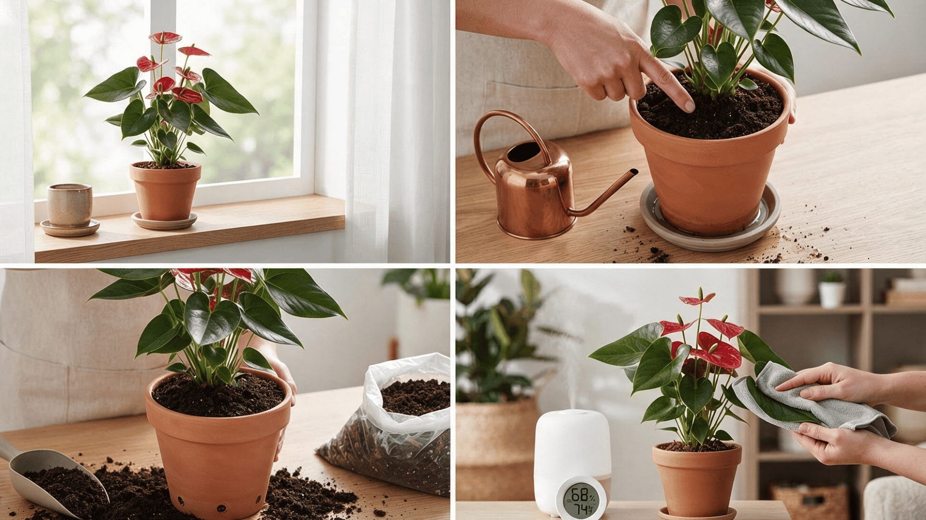 collage showing indoor anthurium care with proper light, watering, airy soil, humidity, and leaf maintenance
