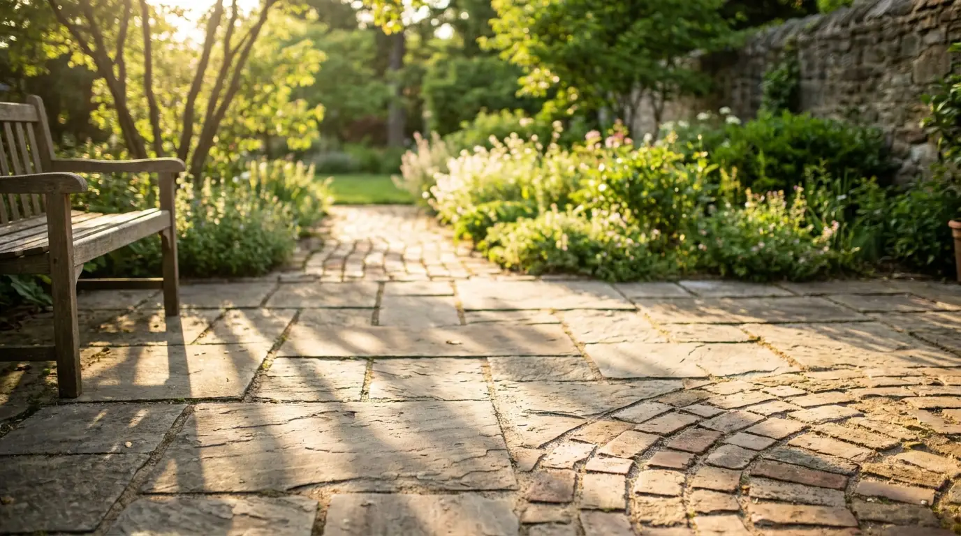 Stone garden path with wooden bench and lush greenery in warm sunlight