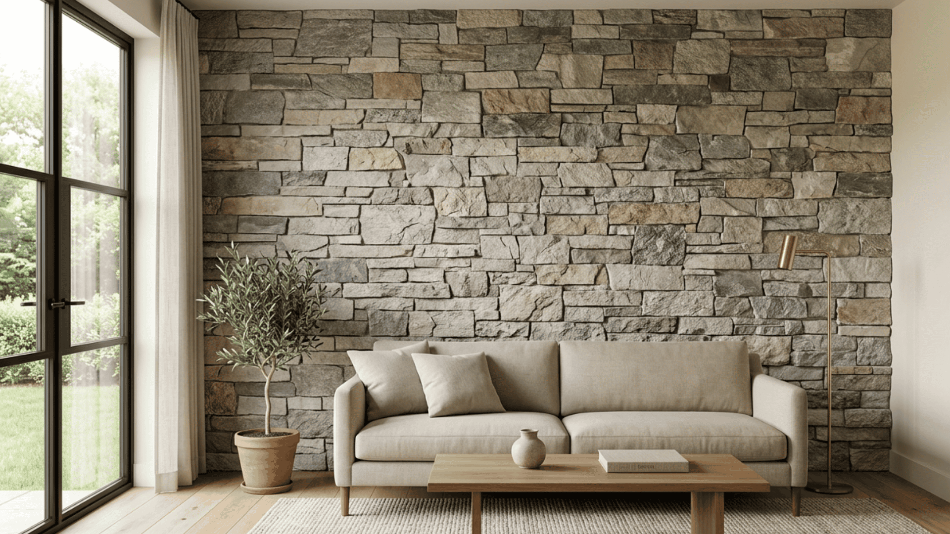 stone texture wallpaper with layered gray slate details creating the look of a natural stone feature wall