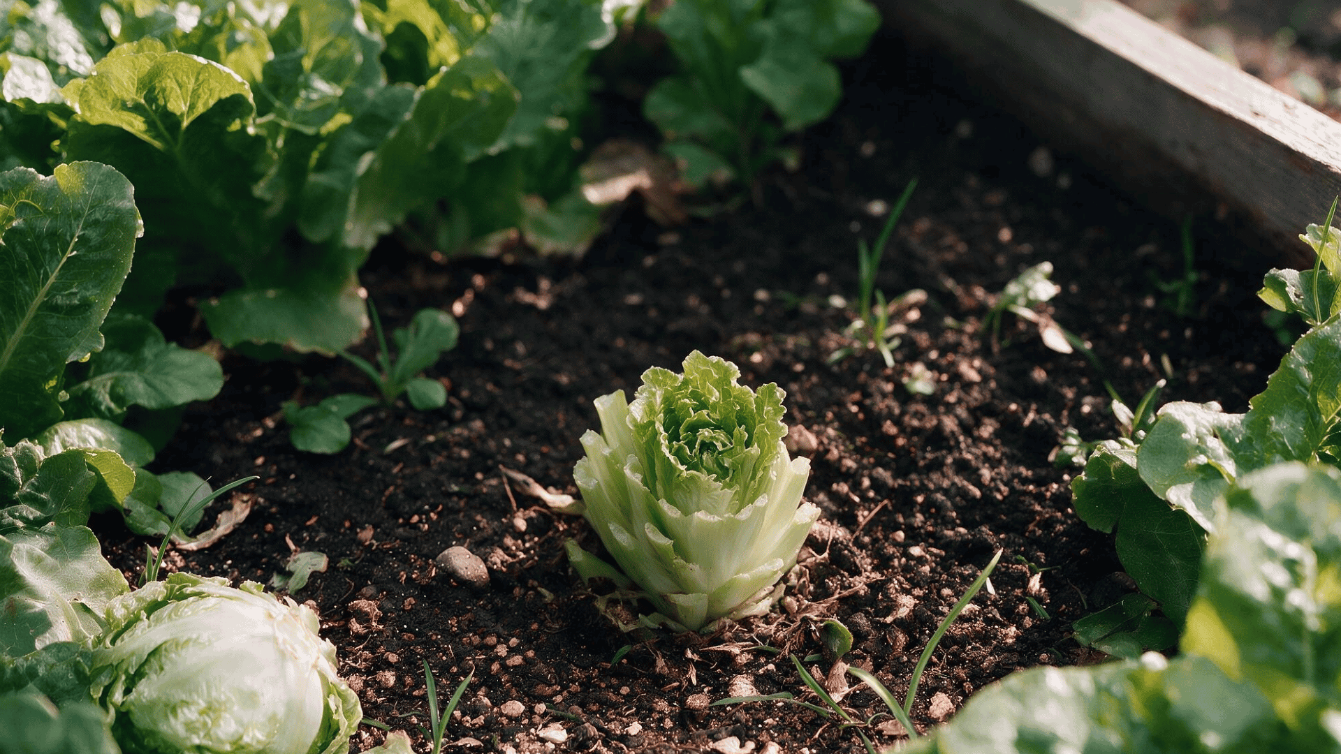 single small lettuce head left growing in soil surrounded by harvested garden bed, showing restraint in harvesting