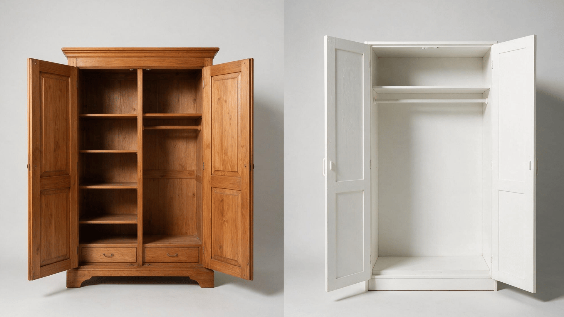empty armoire with shelves and drawers next to empty wardrobe with hanging rod and shelf