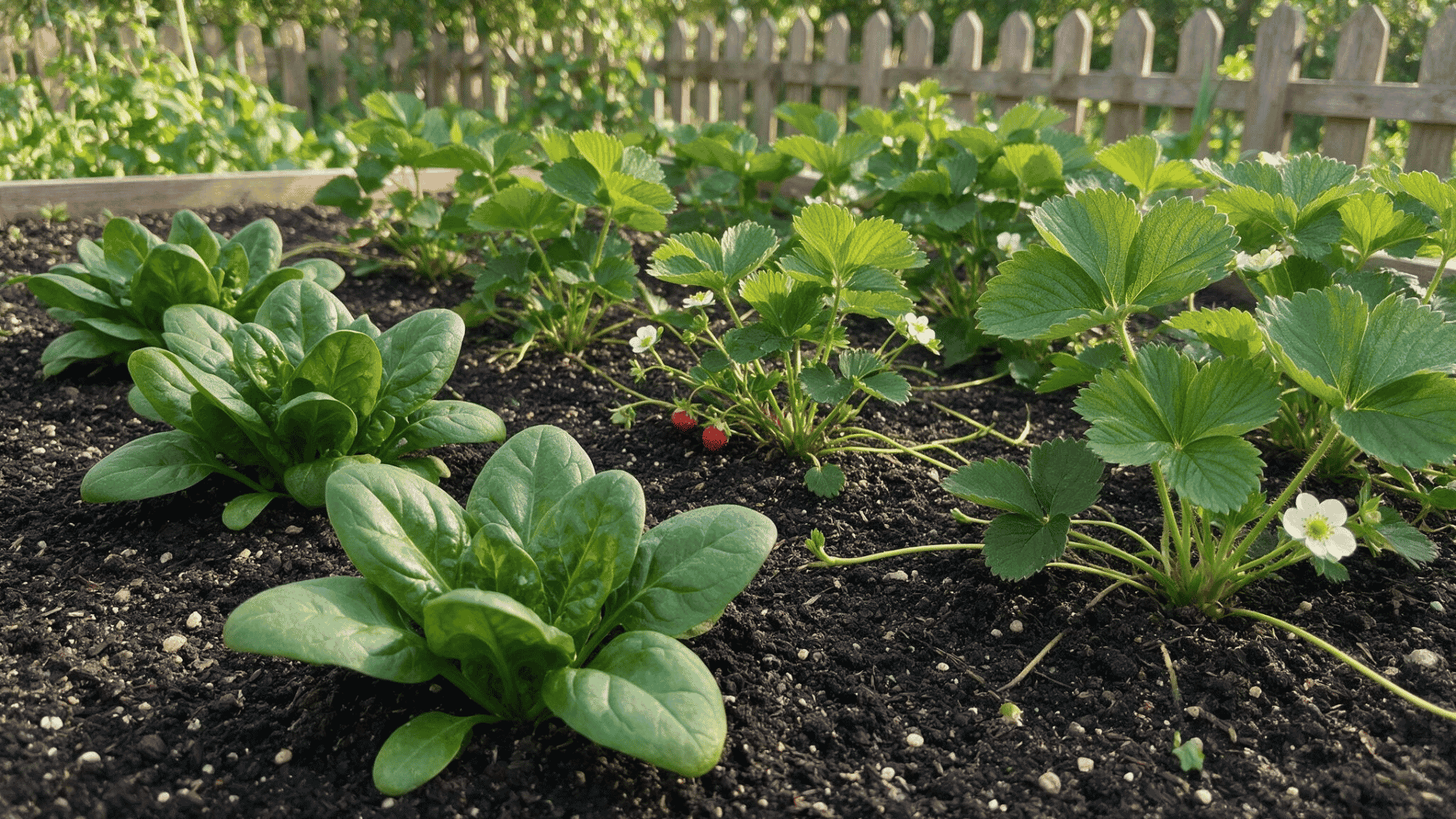 spinach growing near flowering strawberry plants in a garden bed