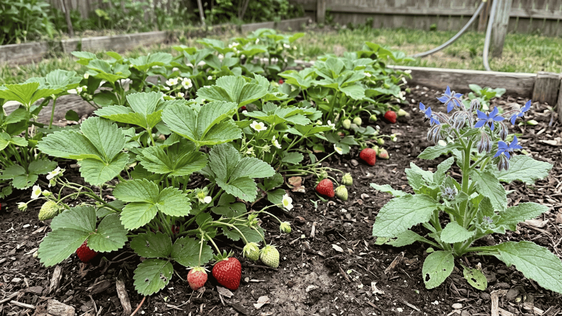 strawberry plants growing with borage chives and marigolds in a realistic mixed backyard garden bed