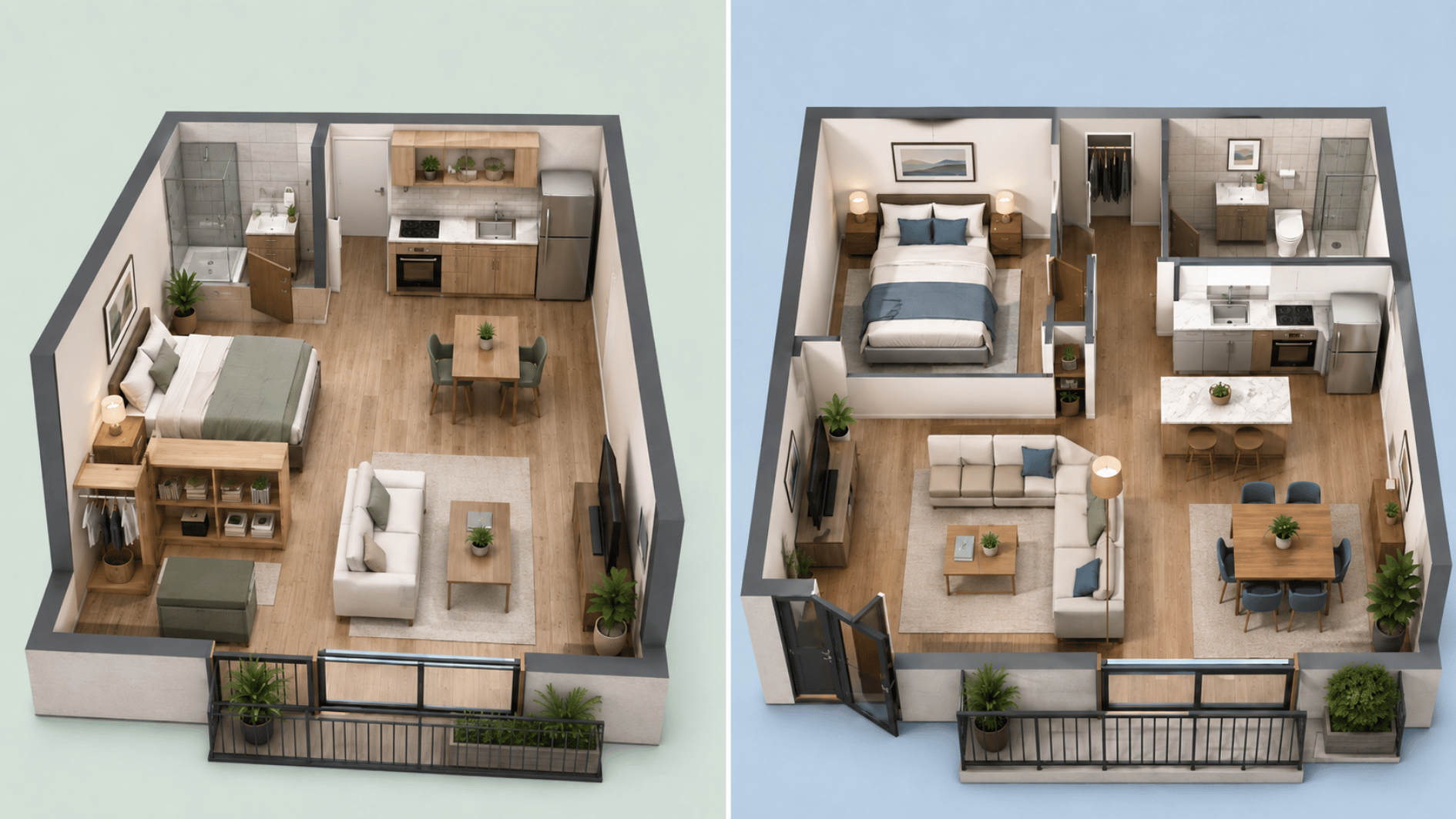 studio and one bedroom apartment layouts compared in a side by side illustrated floor plan