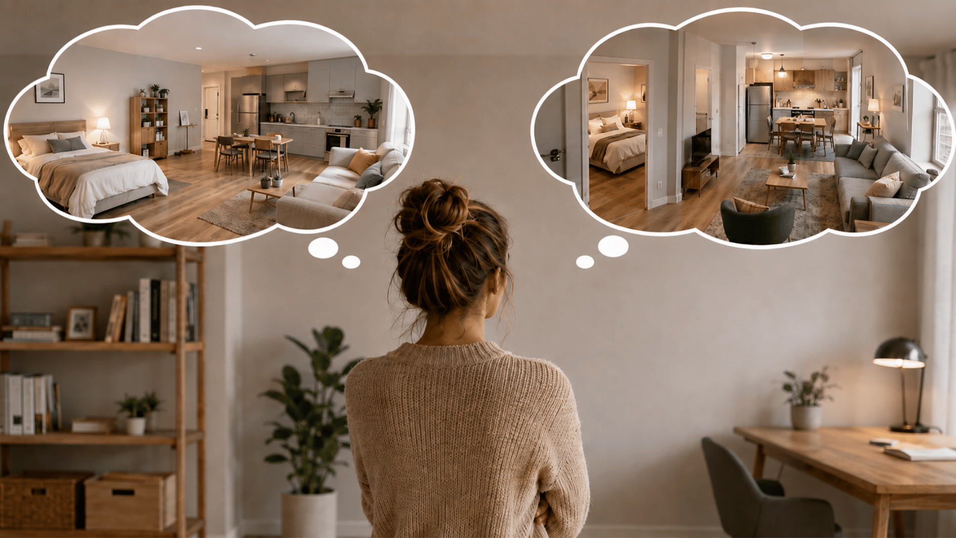 woman comparing a studio apartment and one-bedroom apartment for long-term living