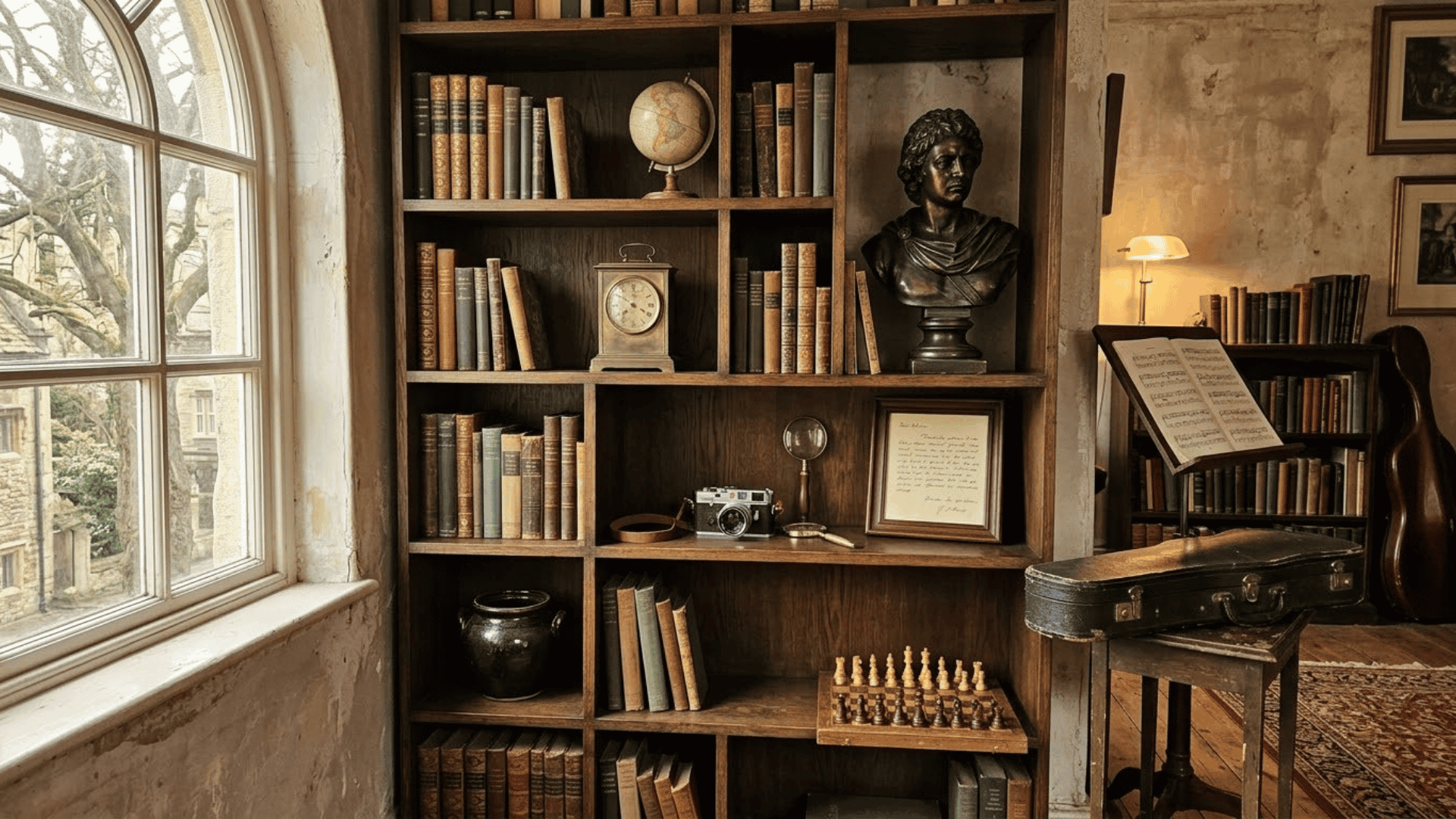 dark academia music room shelves with books globe clock camera chess set and violin case