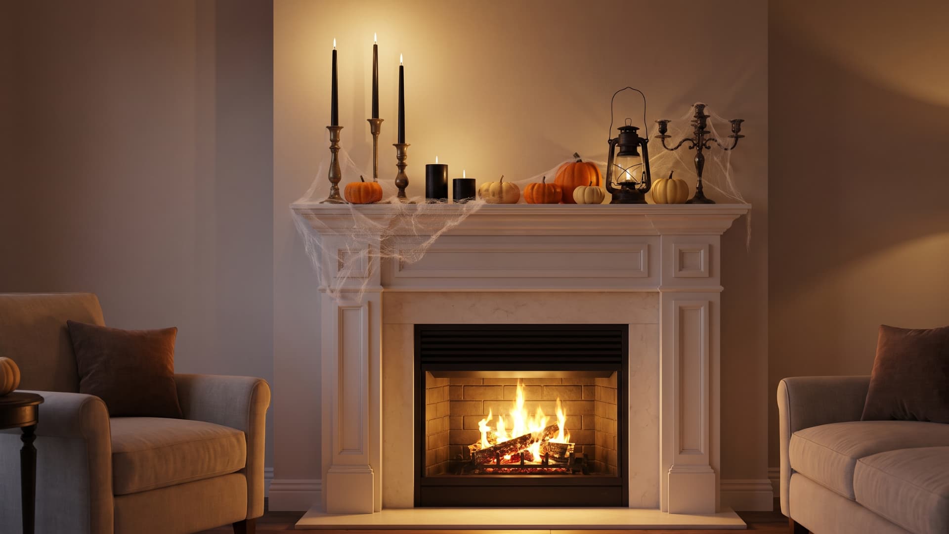 Fireplace mantel decorated with tiered candles, subtle faux cobwebs, small pumpkins, and a dark lantern centerpiece.