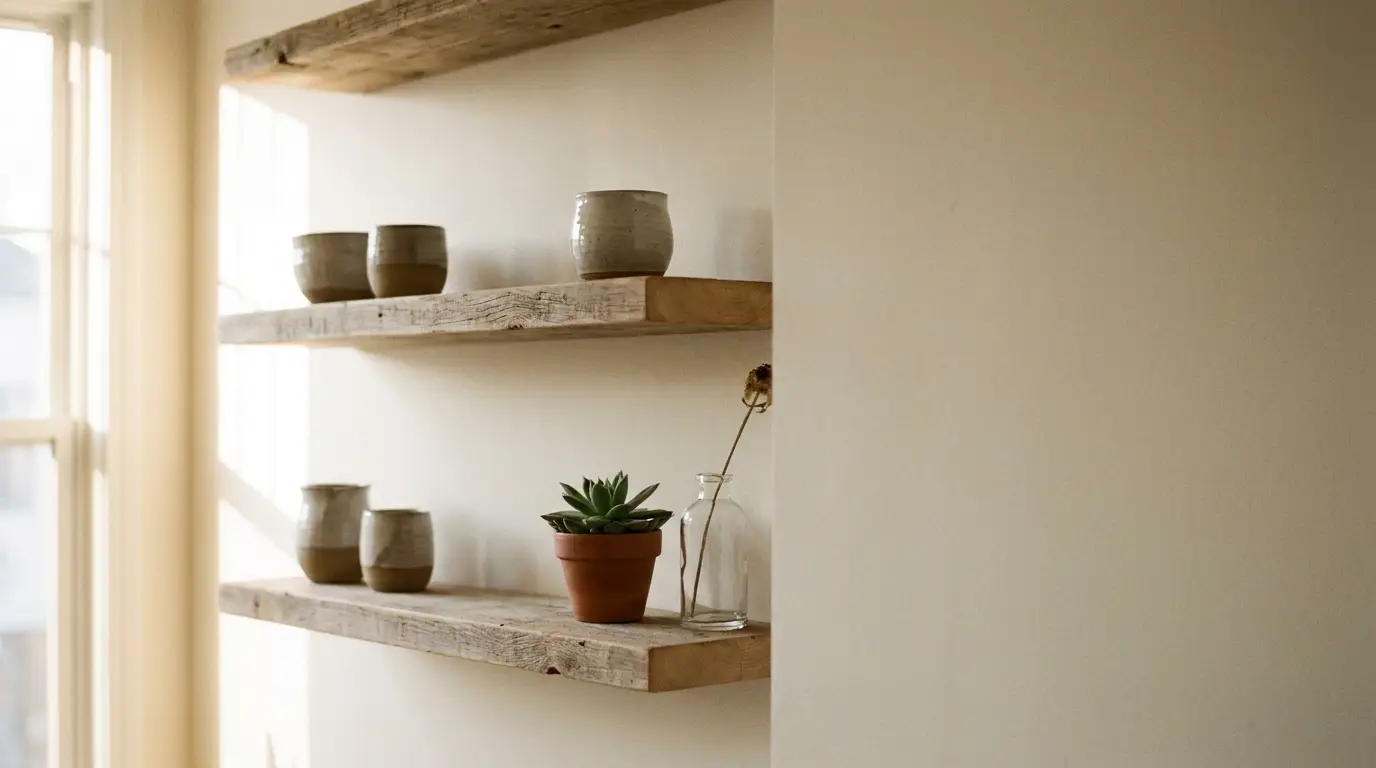 Wooden shelves with ceramic pots and a potted succulent in a softly lit room