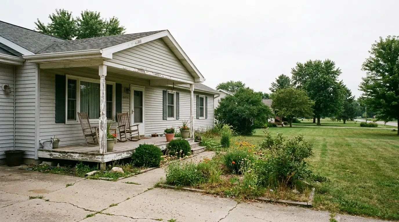Grey bungalow with white porch, rocking chairs, and garden in front yard on cloudy day