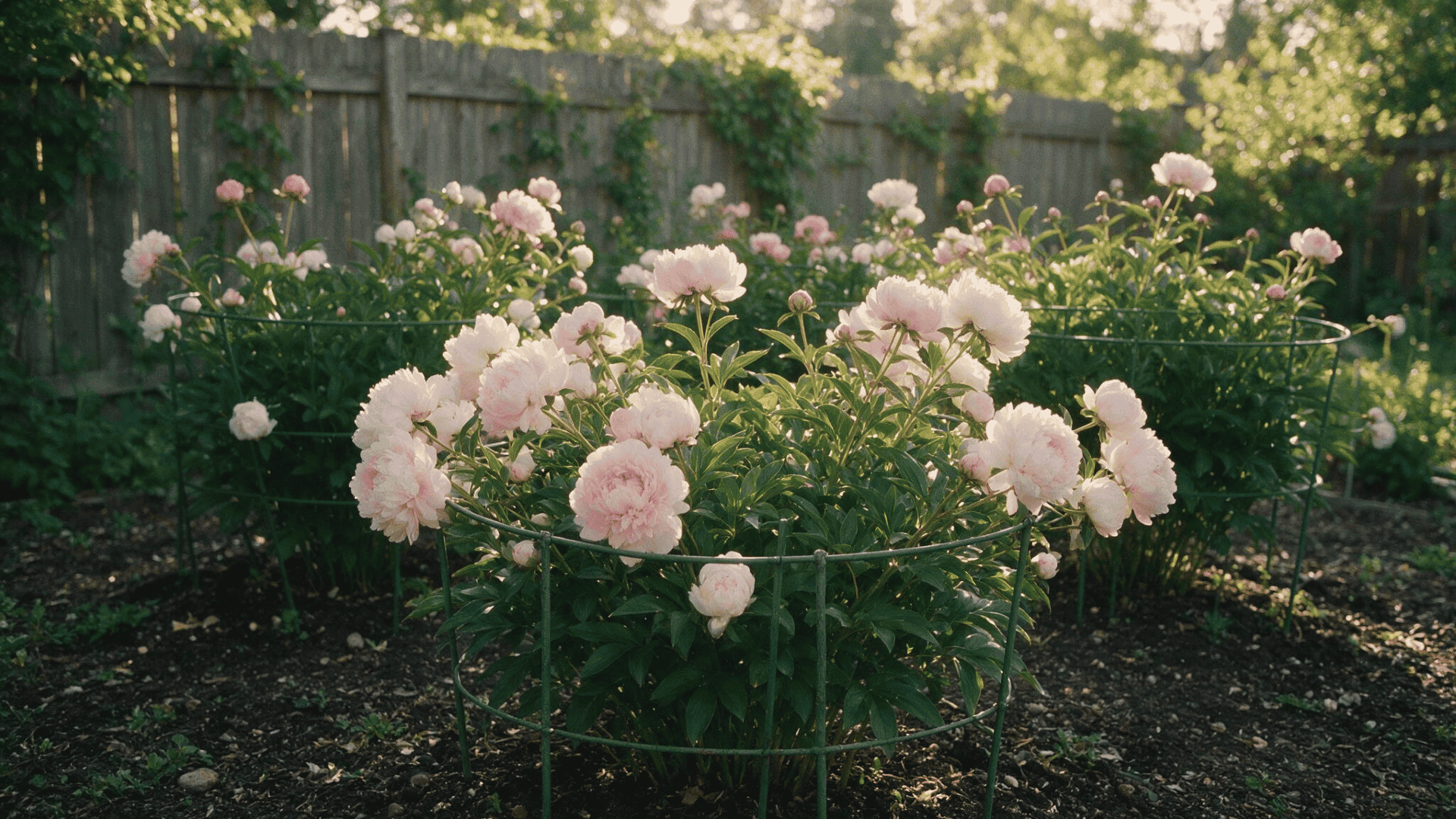 pink peonies flowered plants in a bright garden bed with metal cage for support