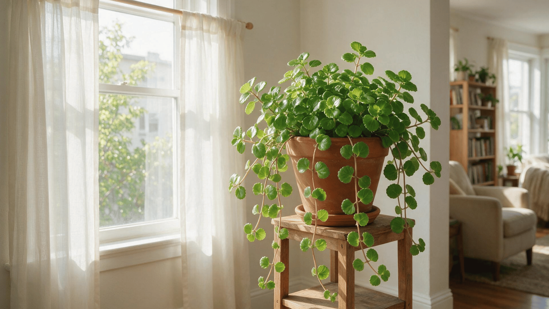swedish ivy in a terracotta pot placed near a bright window with soft indirect light indoors