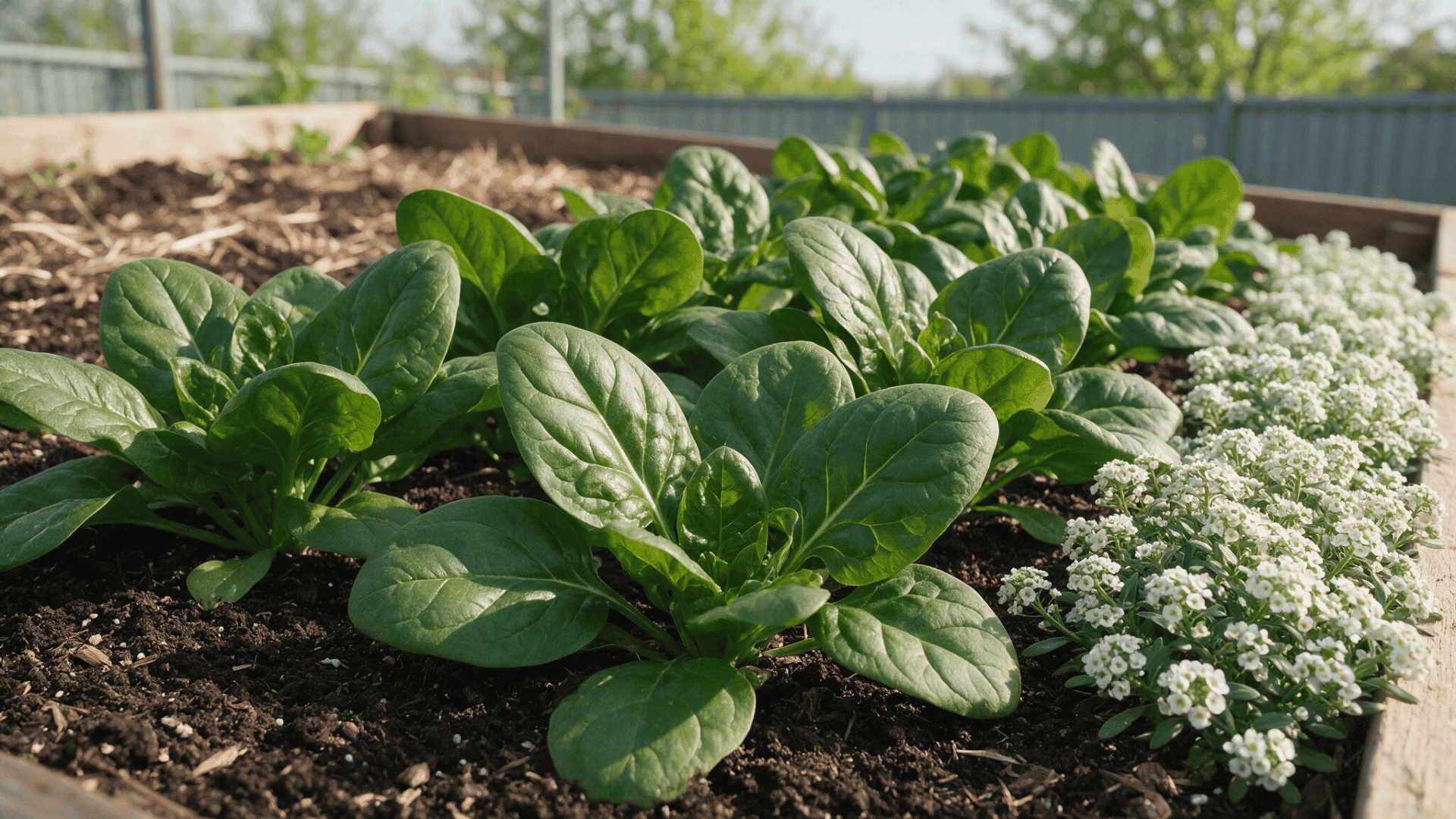 spinach growing beside a border of white sweet alyssum flowers