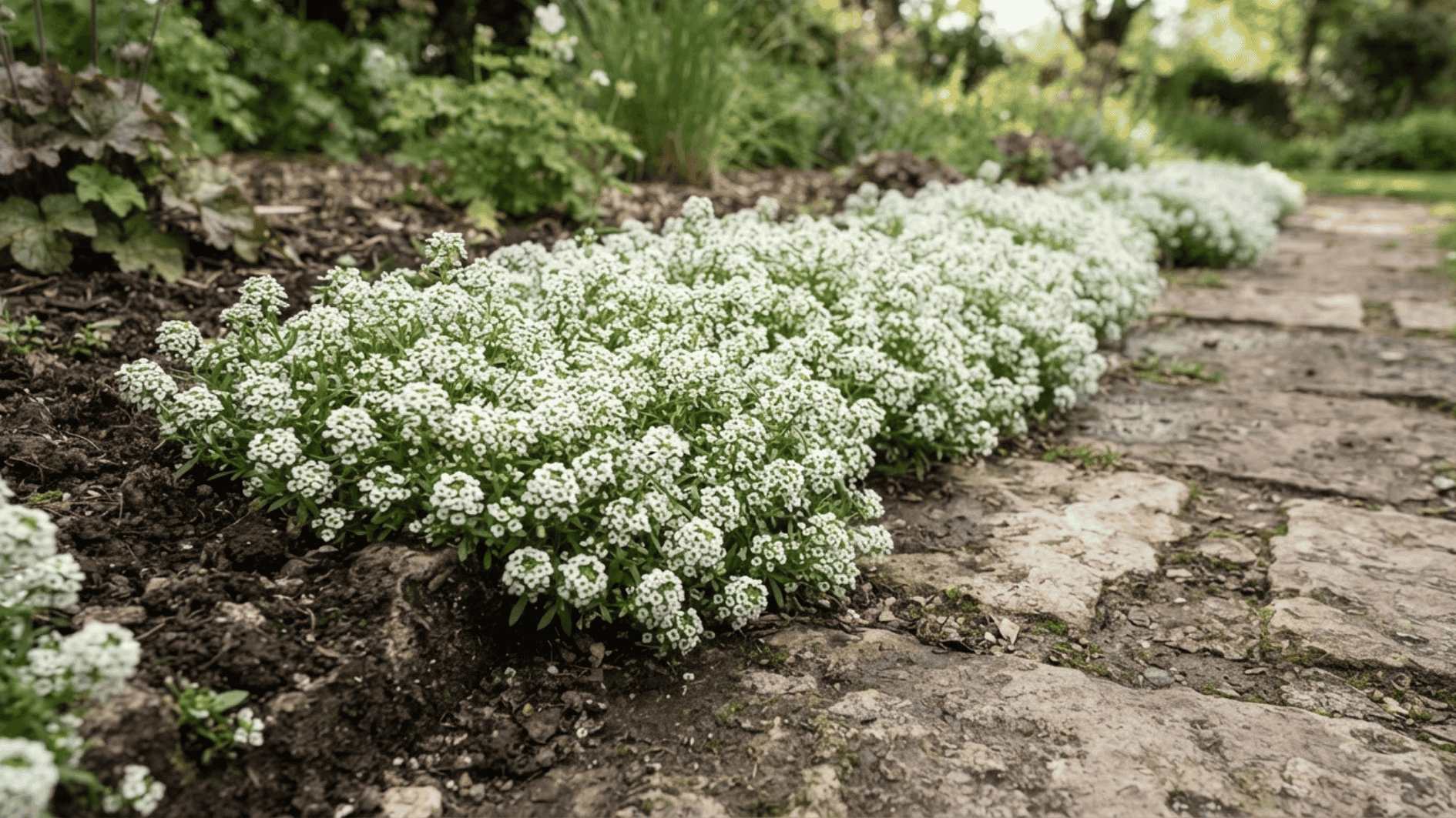 sweet alyssum flowers growing along a garden path edge