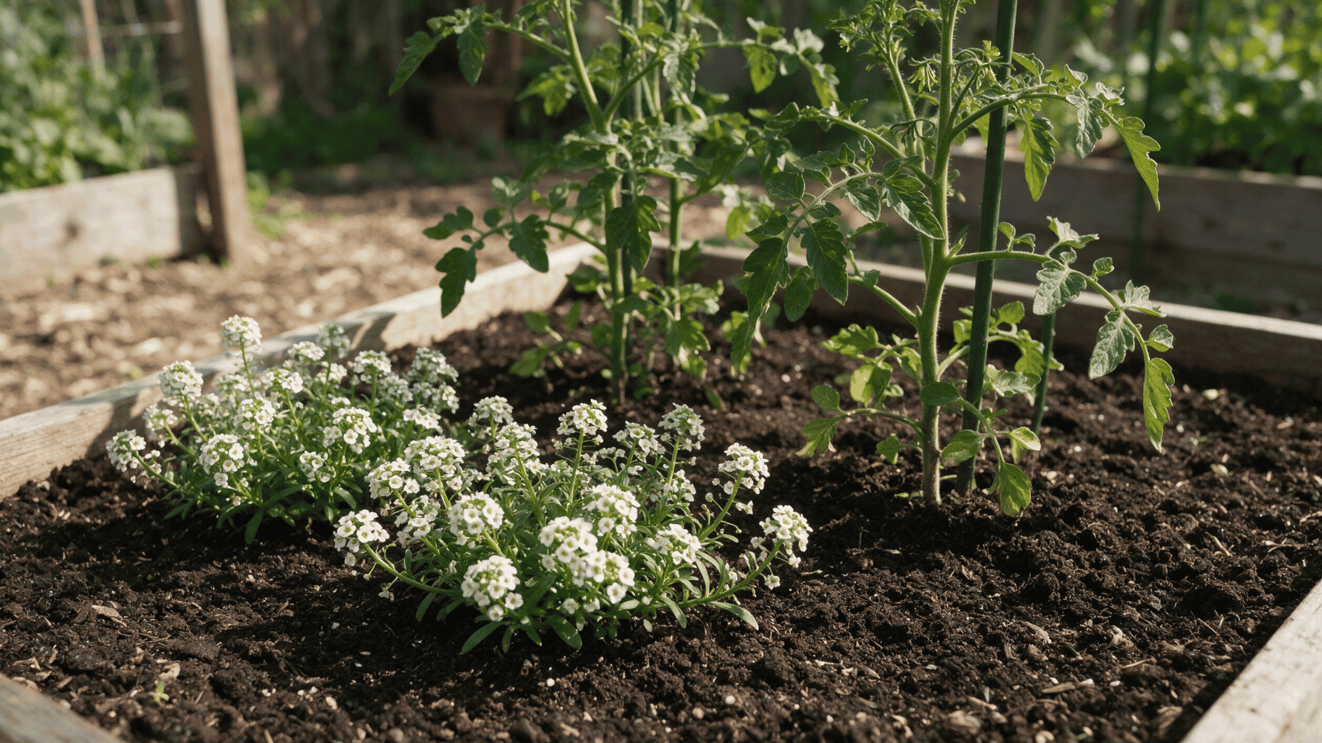 white sweet alyssum flowers growing beside young tomato plants in a sunny backyard raised garden bed