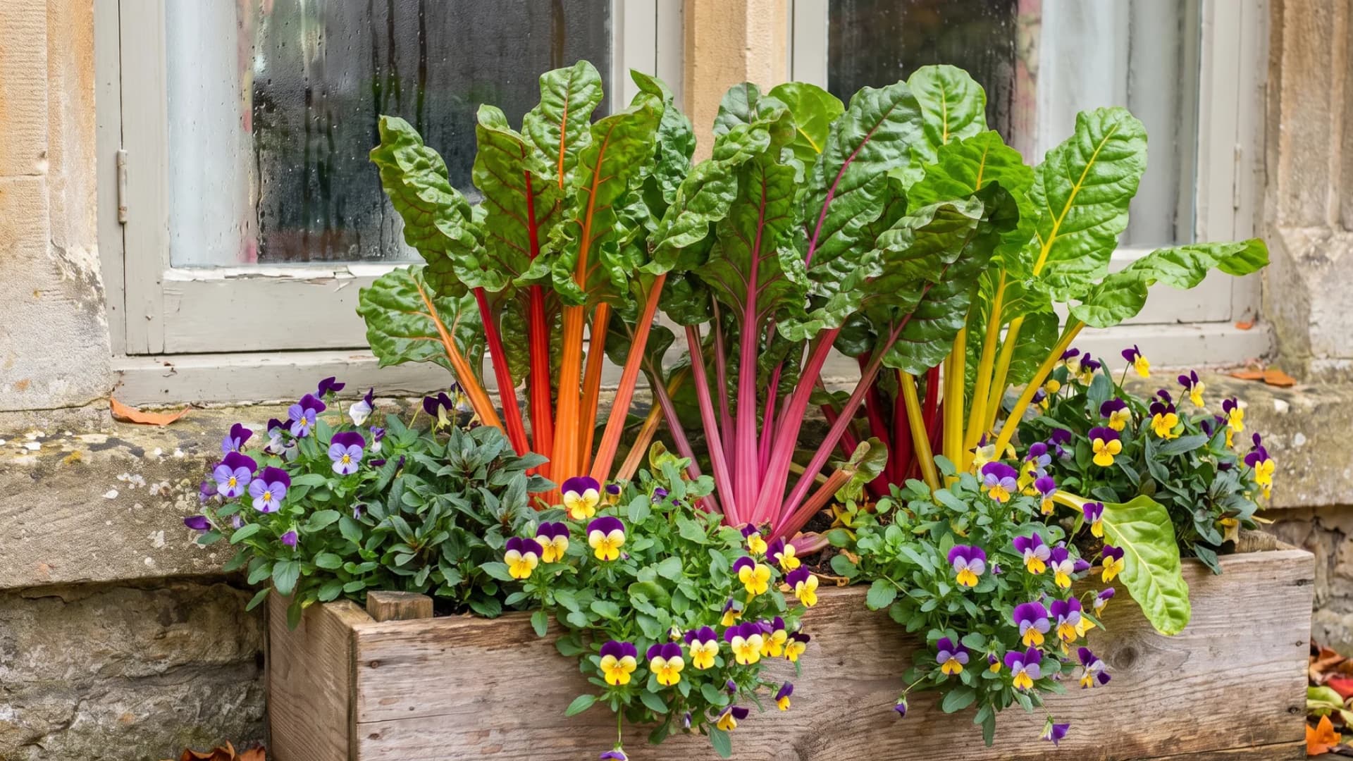 Swiss chard with colorful stems and purple violas growing in a fall window box.