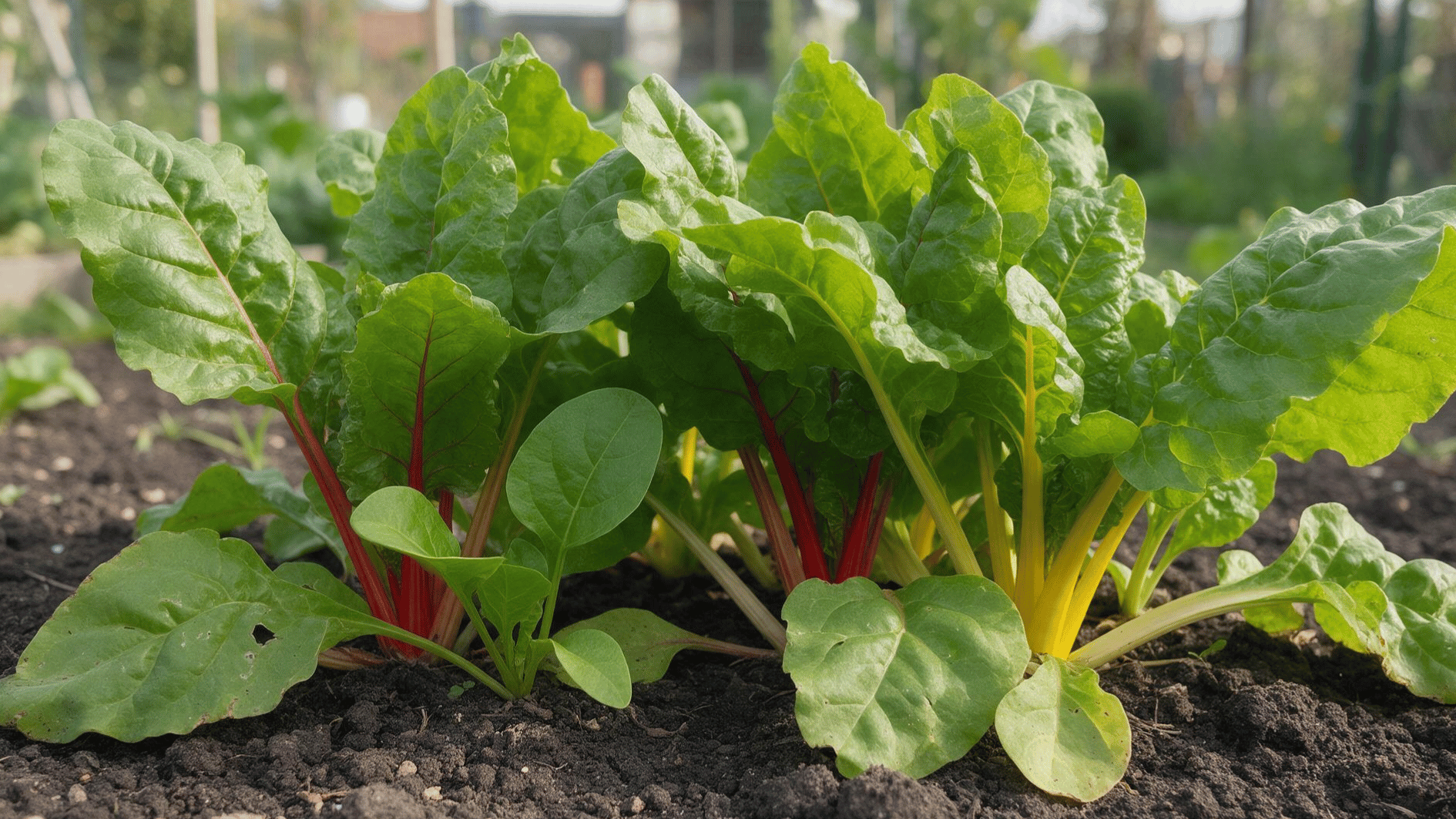 swiss chard plants with green leaves and colorful stems growing in a garden bed