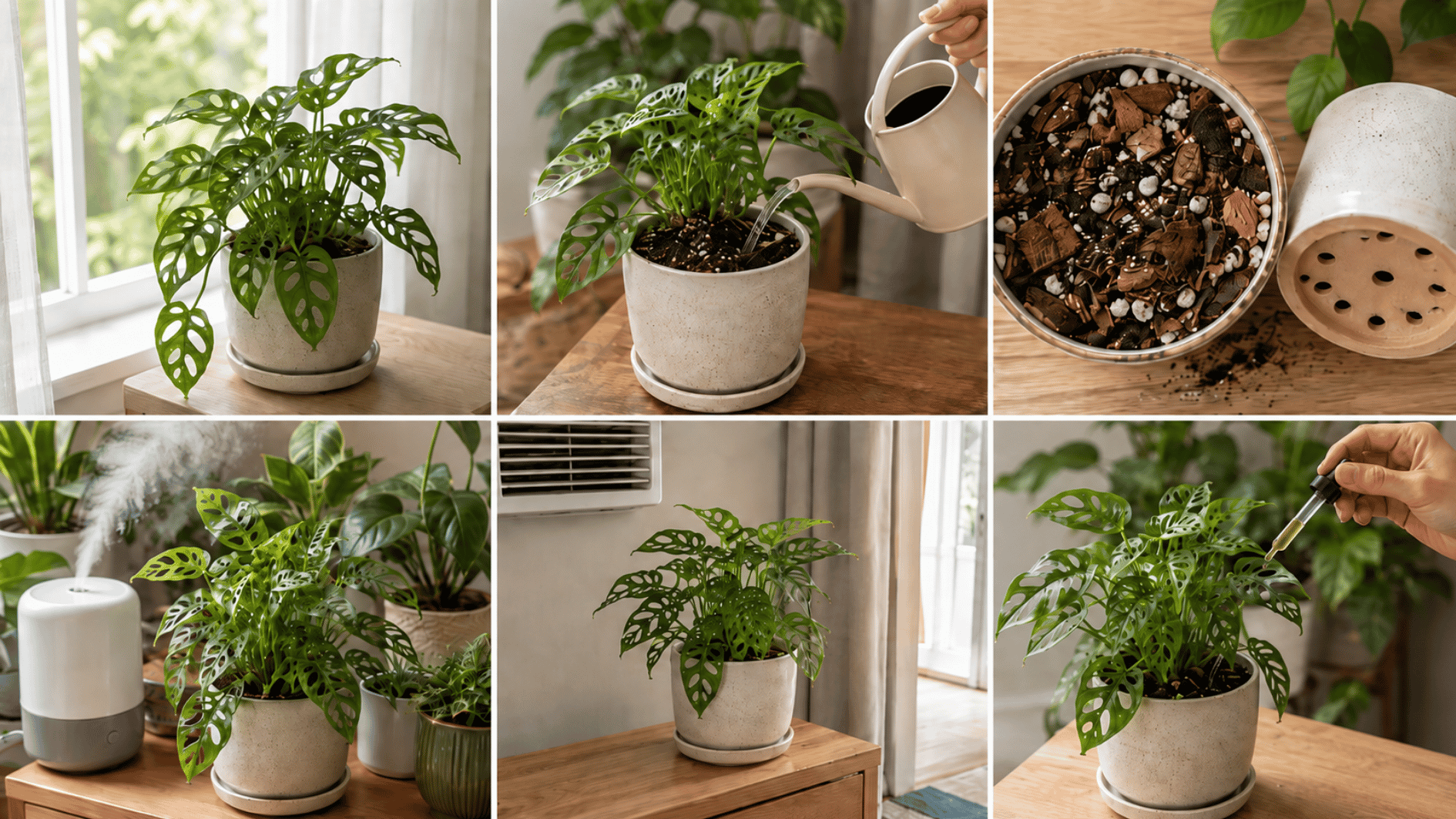 swiss cheese plant care collage showing light, watering, soil, humidity, temperature, and feeding needs
